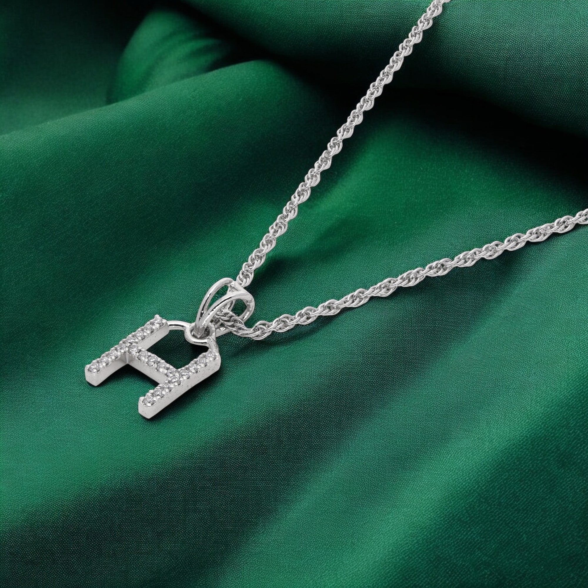 Personalized Sterling Silver "H" Initial Pendant with Cubic Zirconia - Fancy Chain Design | SKU : 0003218273 , 0003218280, 0003218266
