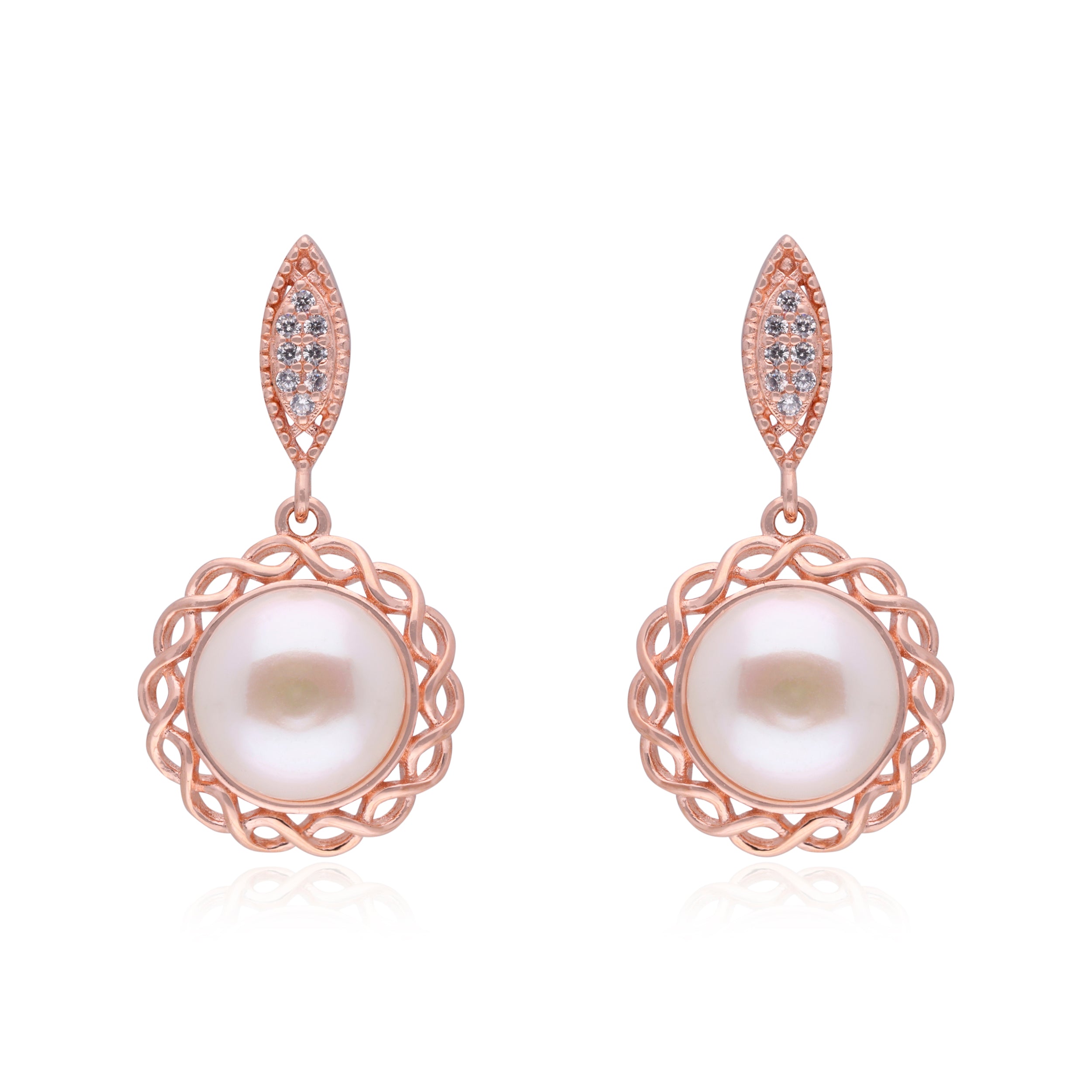 Rose Gold Pearl Drop Earrings with Leaf Accents | SKU : 0003343340