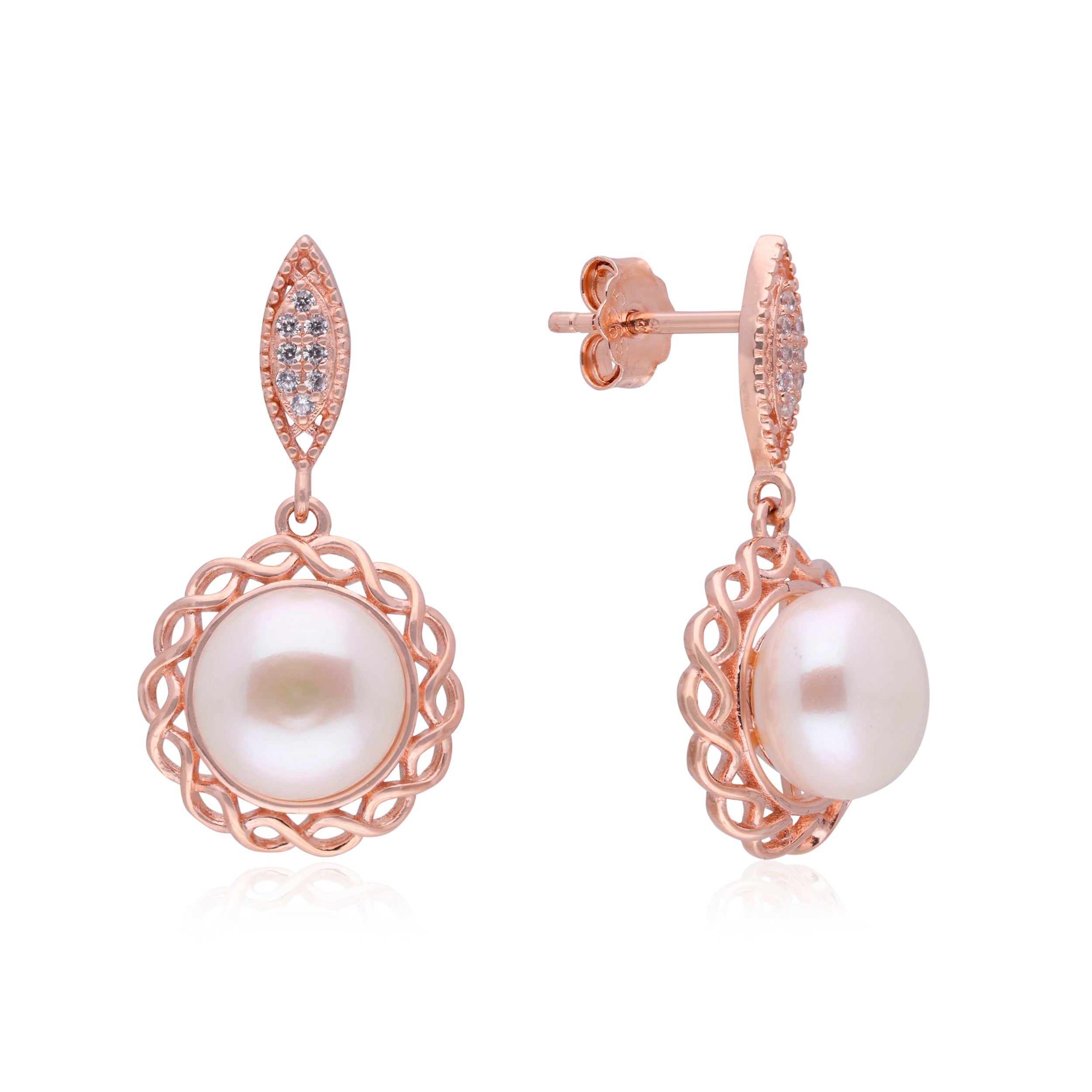 Rose Gold Pearl Drop Earrings with Leaf Accents | SKU : 0003343340