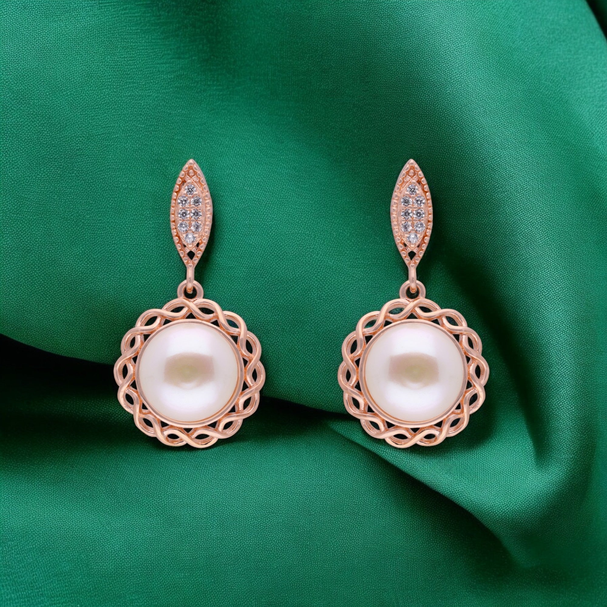 Rose Gold Pearl Drop Earrings with Leaf Accents | SKU : 0003343340
