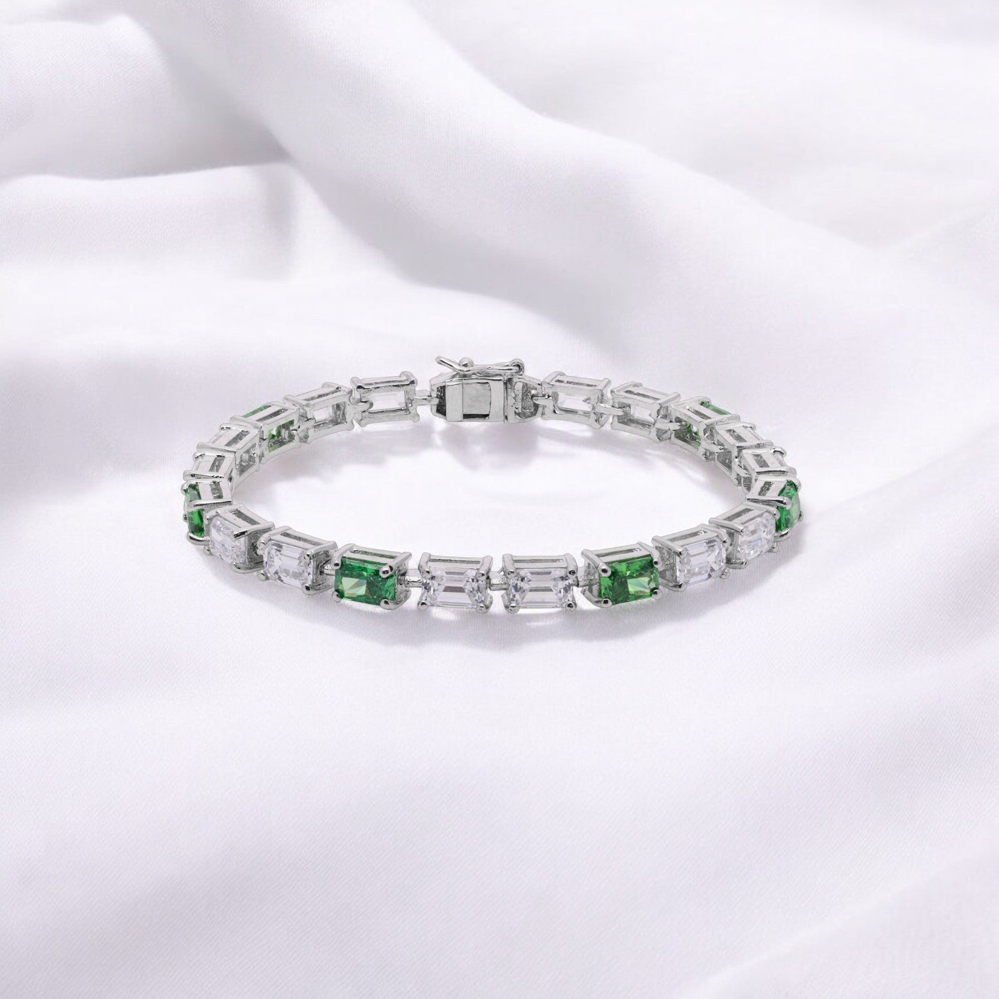 Verdant Symphony Baguette-Cut Emerald & Crystal Tennis Bracelet | SKU : 0003534533