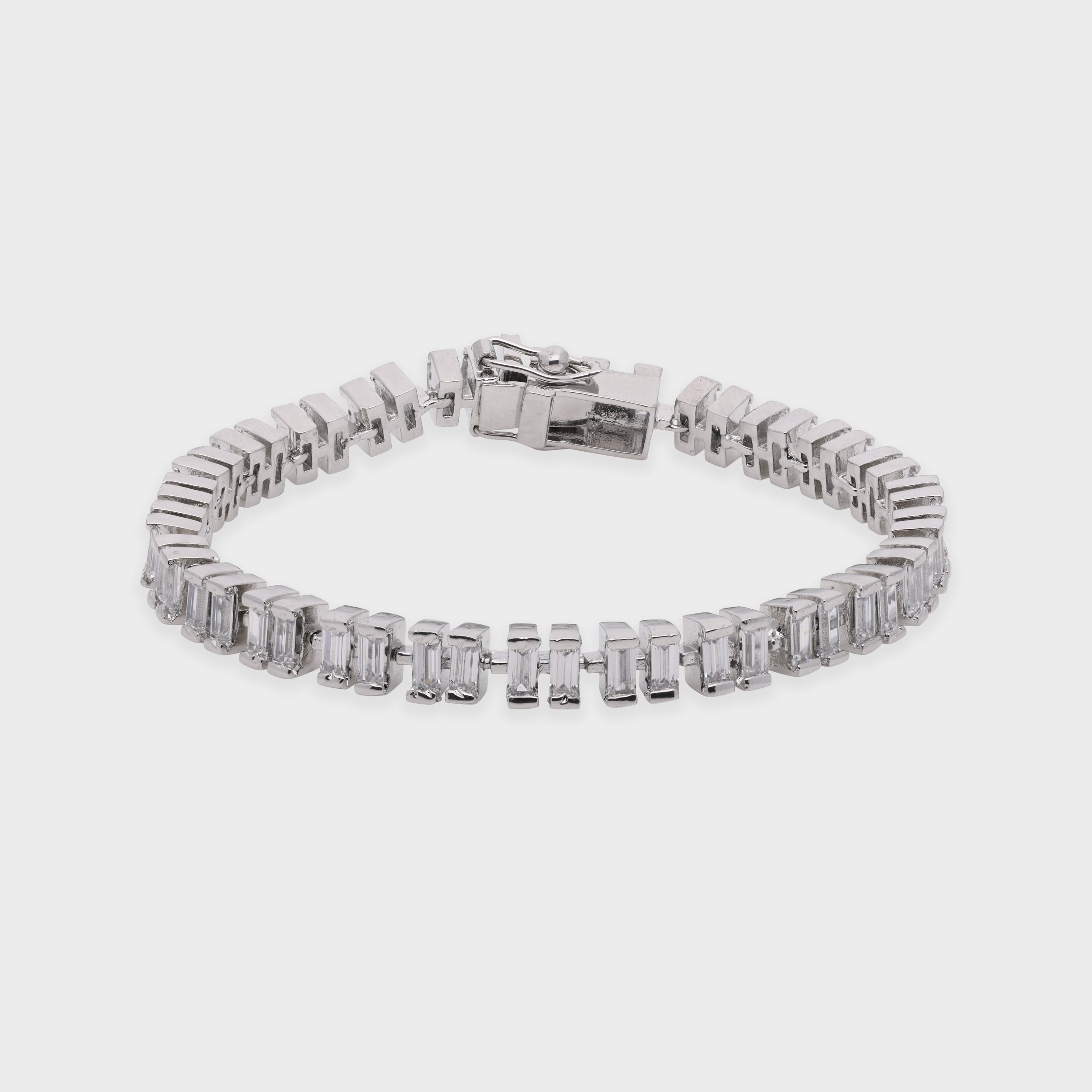 Celestia Baguette-Cut Crystal Tennis Bracelet in Polished Silver Finish | SKU : 0003534540