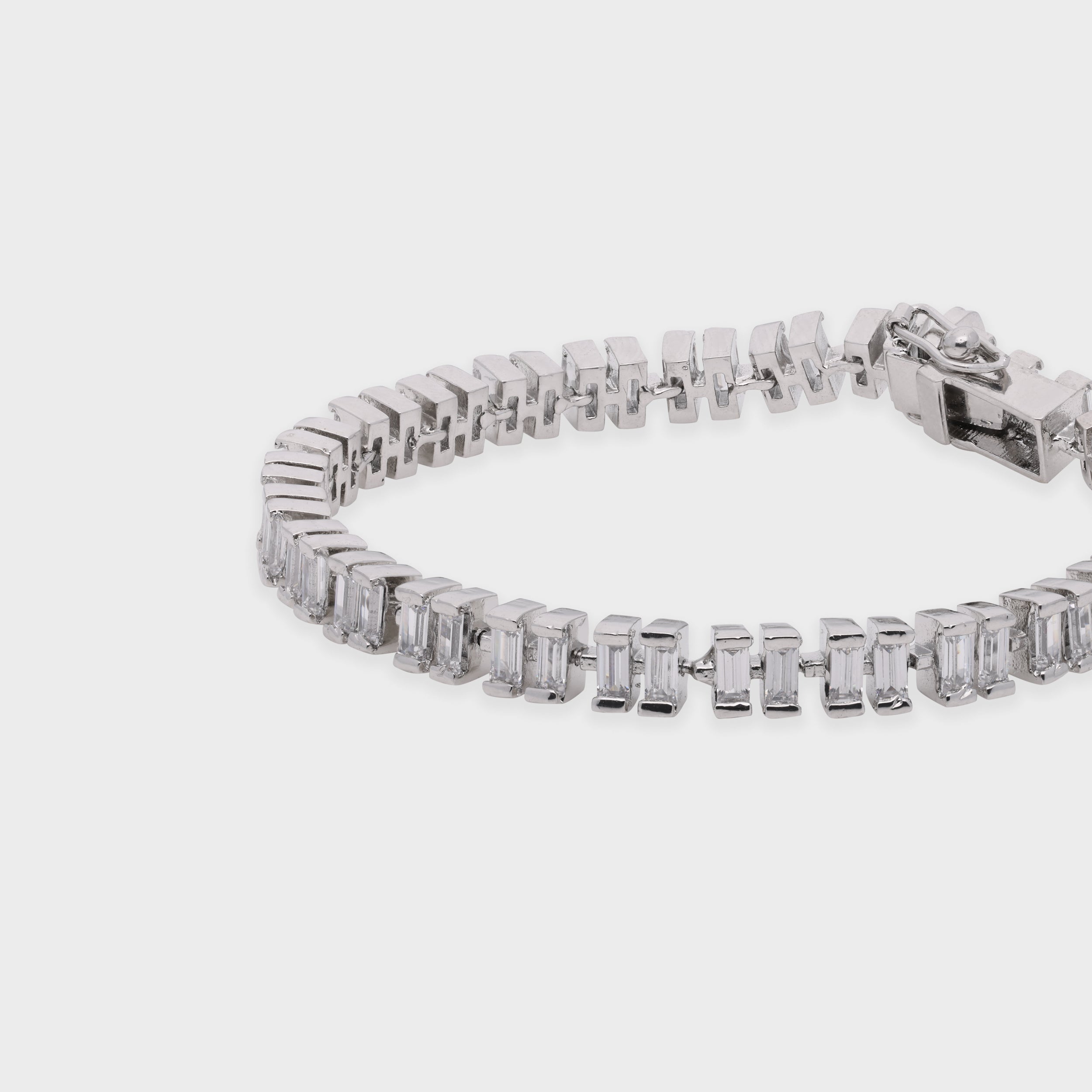Celestia Baguette-Cut Crystal Tennis Bracelet in Polished Silver Finish | SKU : 0003534540
