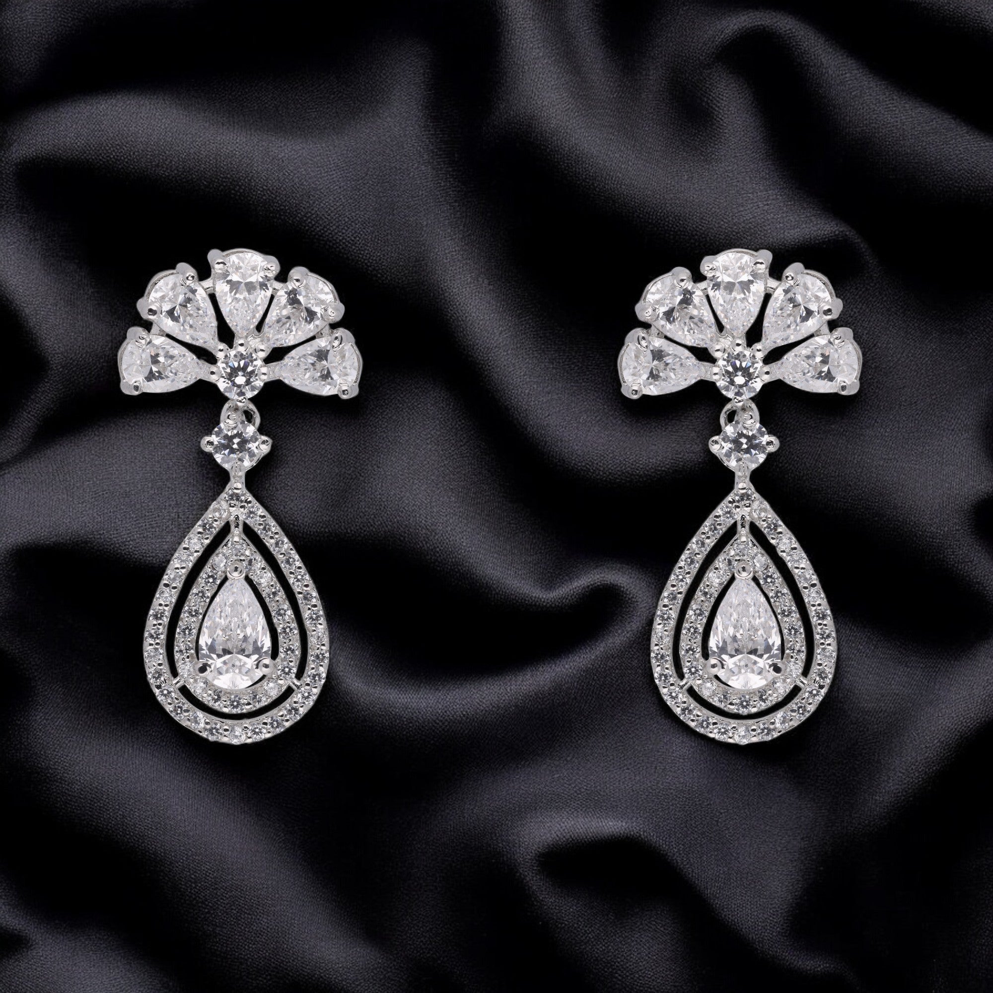 Luxury 925 Sterling Silver Teardrop Statement Earrings with Brilliant Stones | SKU : 0003534632