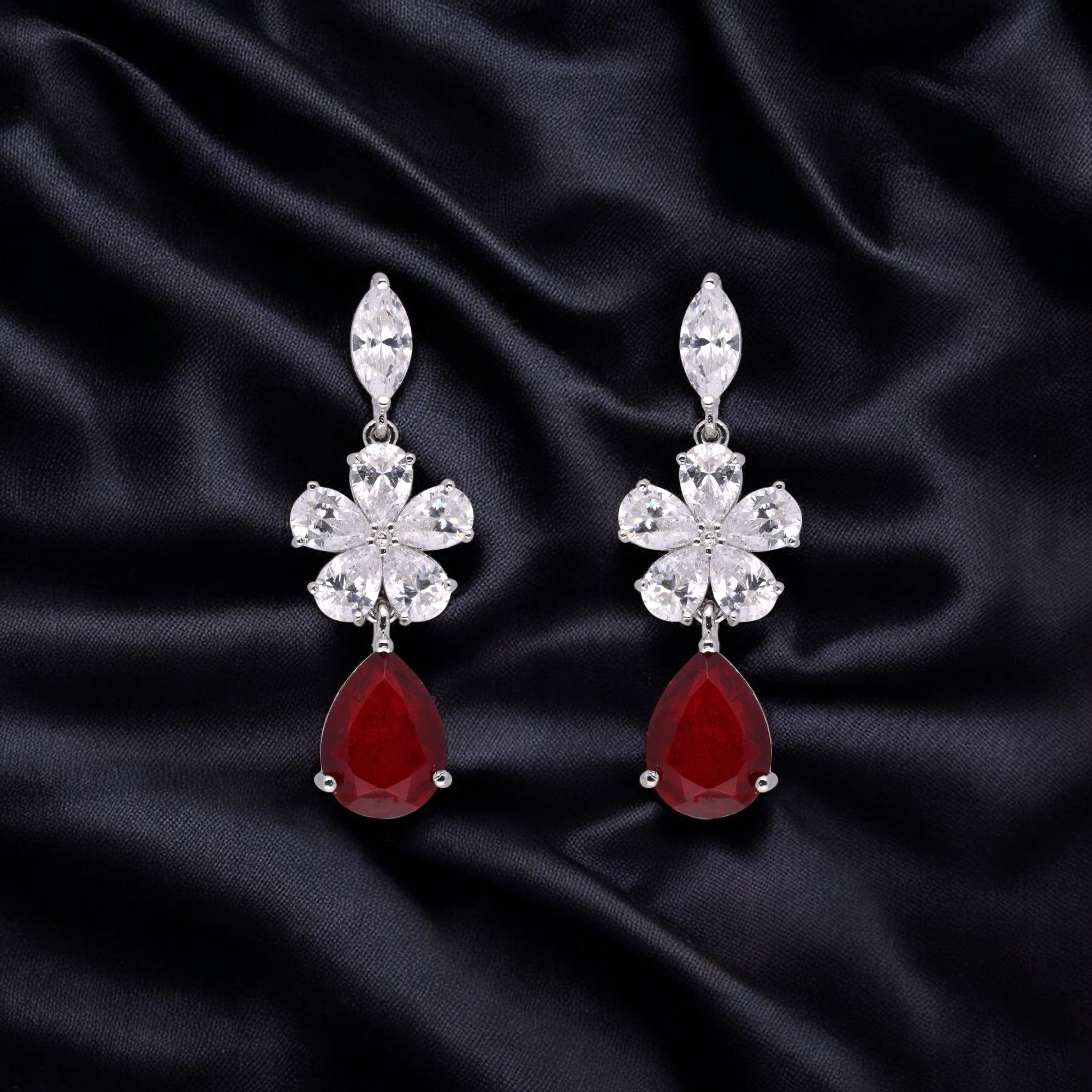 Elegant 925 Sterling Silver Floral Drop Earrings with Ruby & Cubic Zirconia | SKU : 0003534649, 0021326165, 0021326172