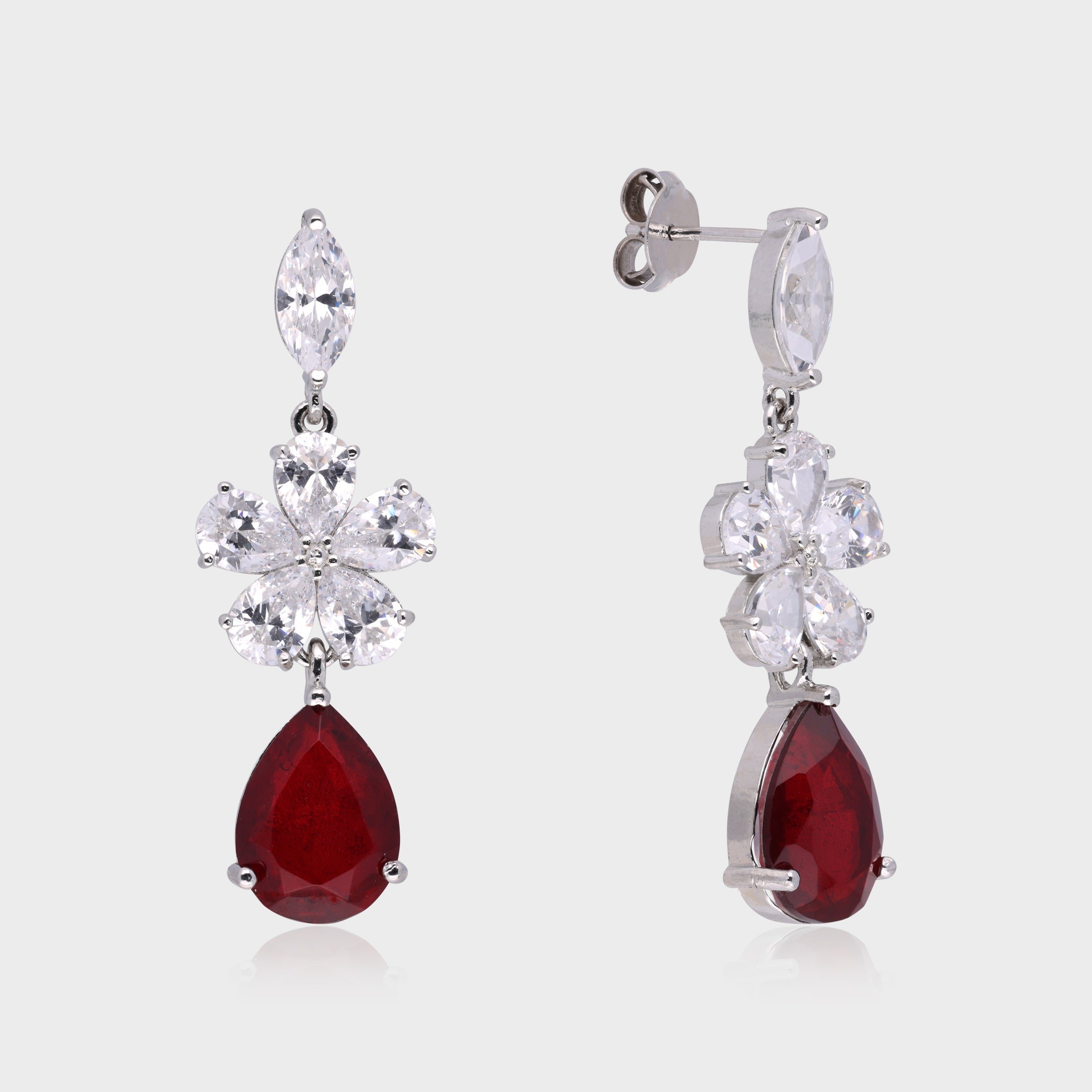 Elegant 925 Sterling Silver Floral Drop Earrings with Ruby & Cubic Zirconia | SKU : 0003534649, 0021326165, 0021326172