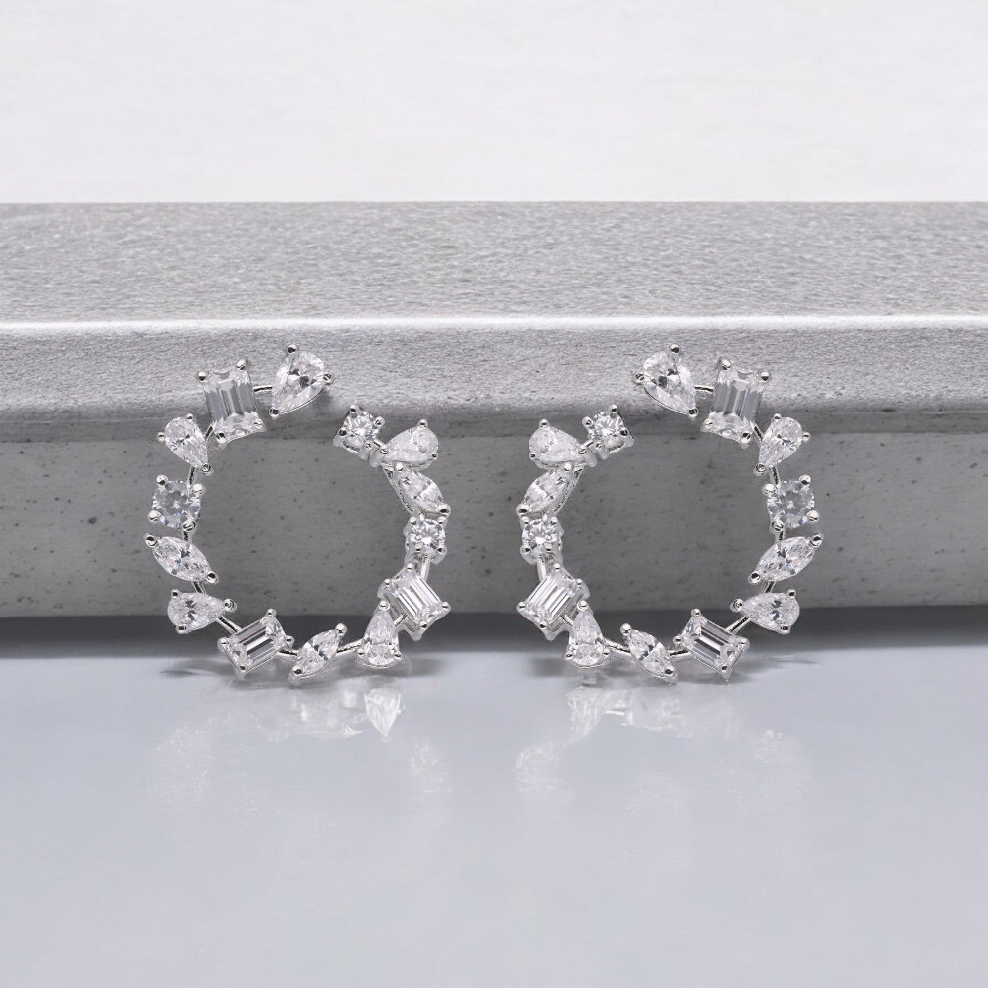 Sterling Silver Geometric Hoop Earrings with Sparkling Stones | SKU : 0003534687, 0003576199, 0021326240, 0021326257