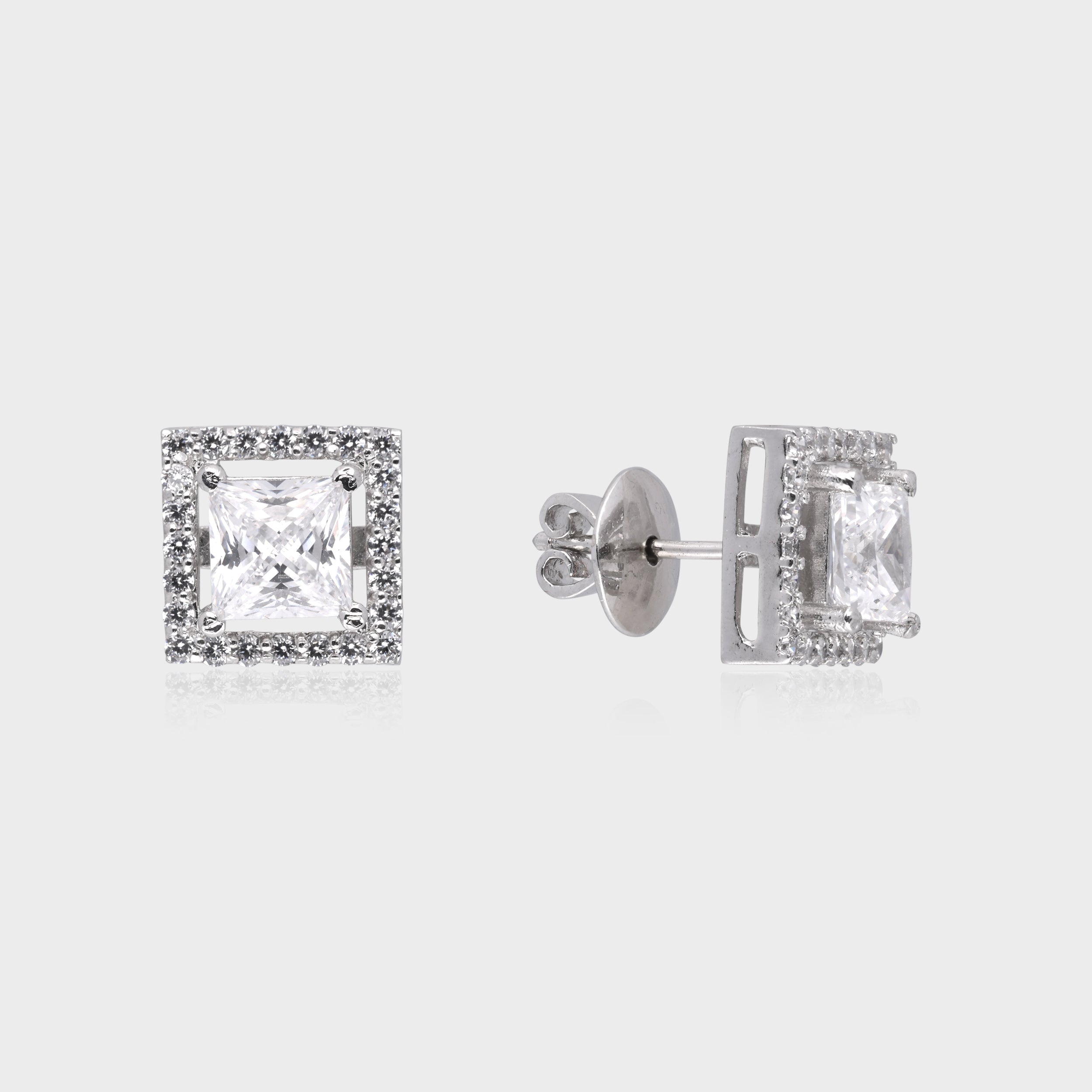 Regal Brilliance: Princess-Cut White Gemstone Halo Stud Earrings in Sterling Silver | SKU : 0003535035, 0021326950, 0021326967