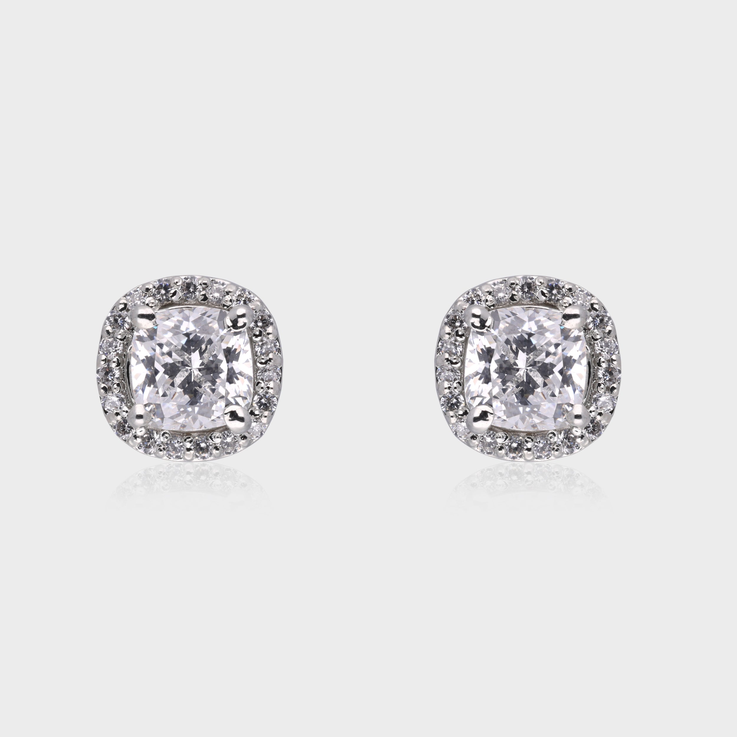 Timeless Brilliance: Cushion-Cut White Gemstone Halo Stud Earrings in Sterling Silver | SKU : 0003535066, 0021326745, 0021326752, 0021327018, 0021327025