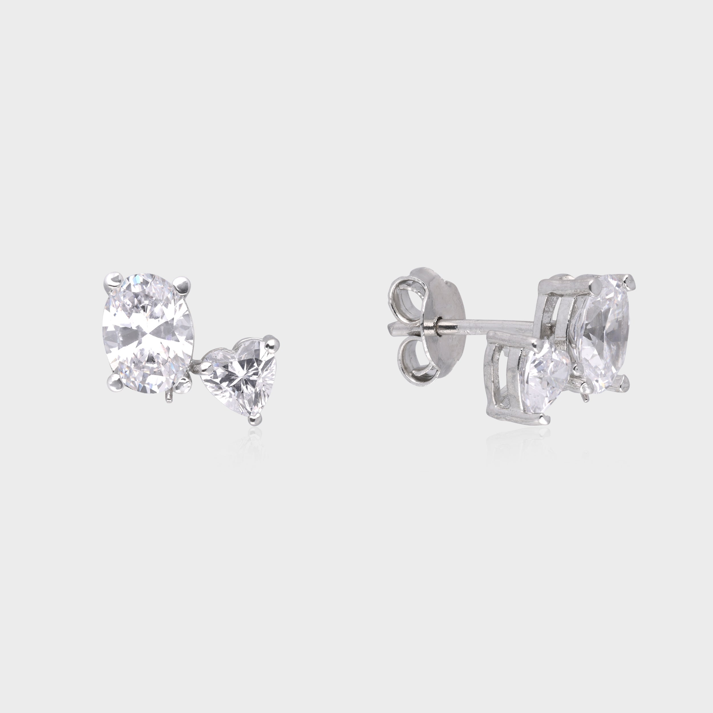 Oval & Heart Cubic Zirconia Mismatched Silver Stud Earrings | SKU : 0003535202, 0021327308, 0021327315
