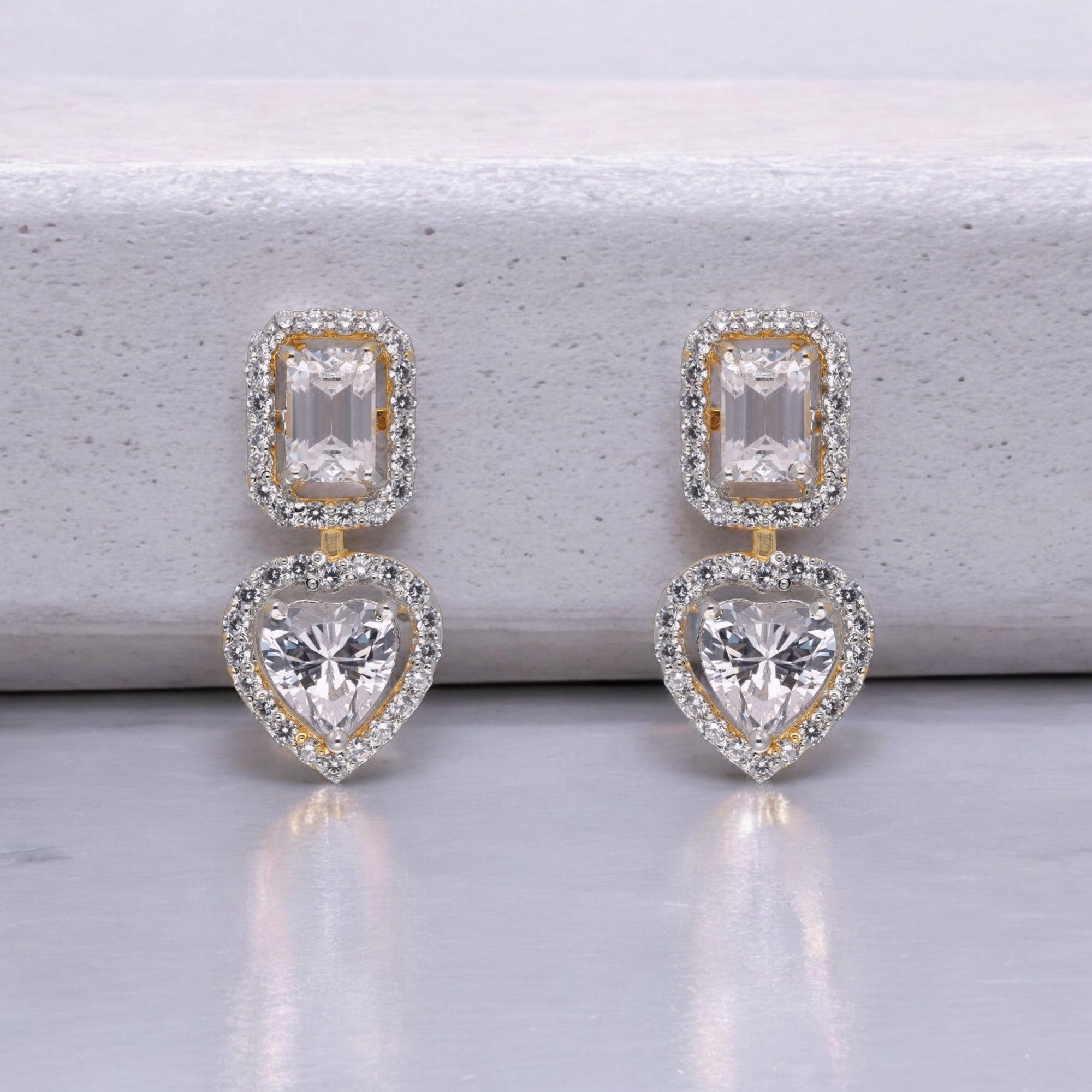 Exquisite 925 Sterling Silver Dangle Earrings with Heart & Emerald-Cut Cubic Zirconia | SKU : 0003535363, 0021326561