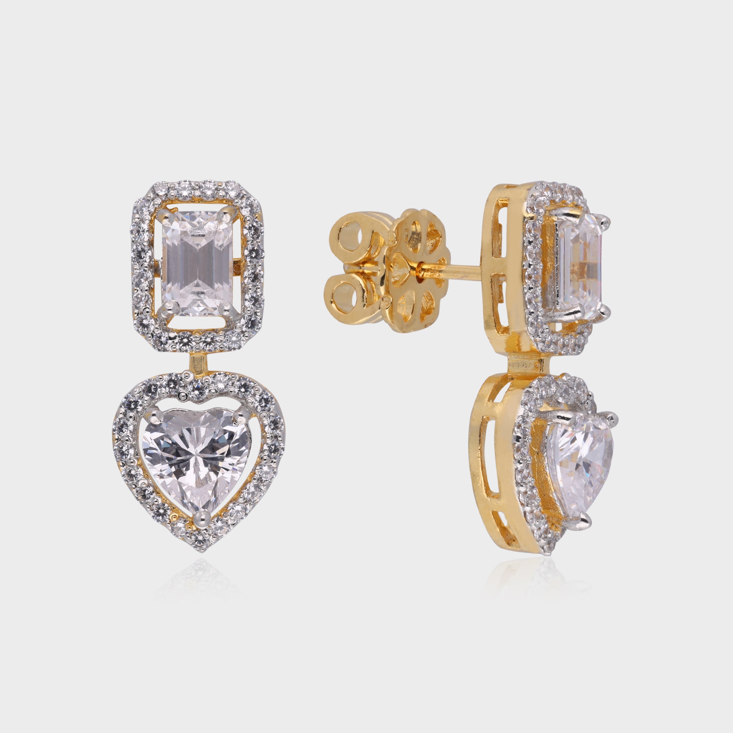Exquisite 925 Sterling Silver Dangle Earrings with Heart & Emerald-Cut Cubic Zirconia | SKU : 0003535363, 0021326561