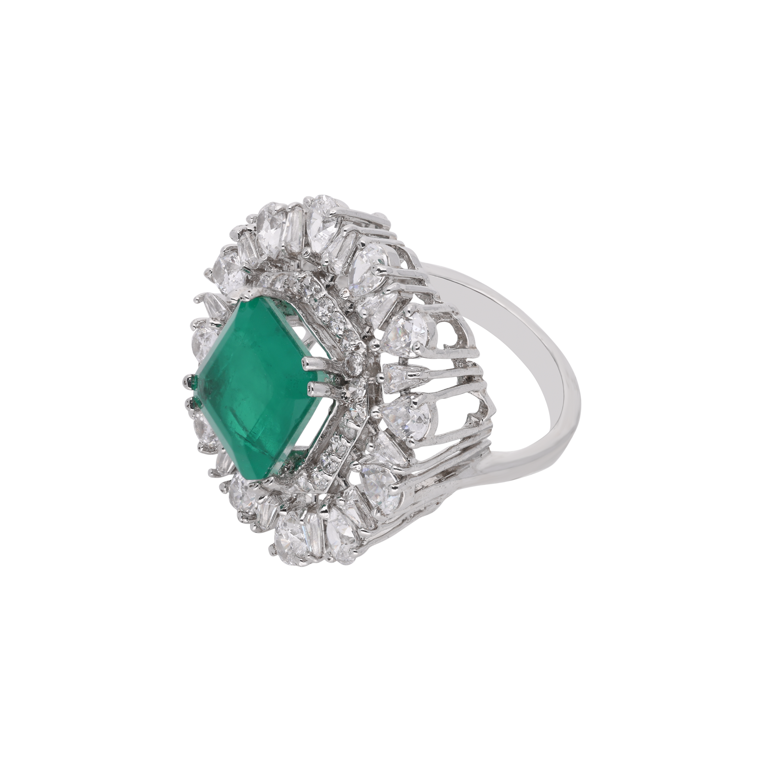 Regal Sterling Silver Ring with Emerald-Hued Stone & Sparkling Accents | SKU : 0003578889, 0021423123