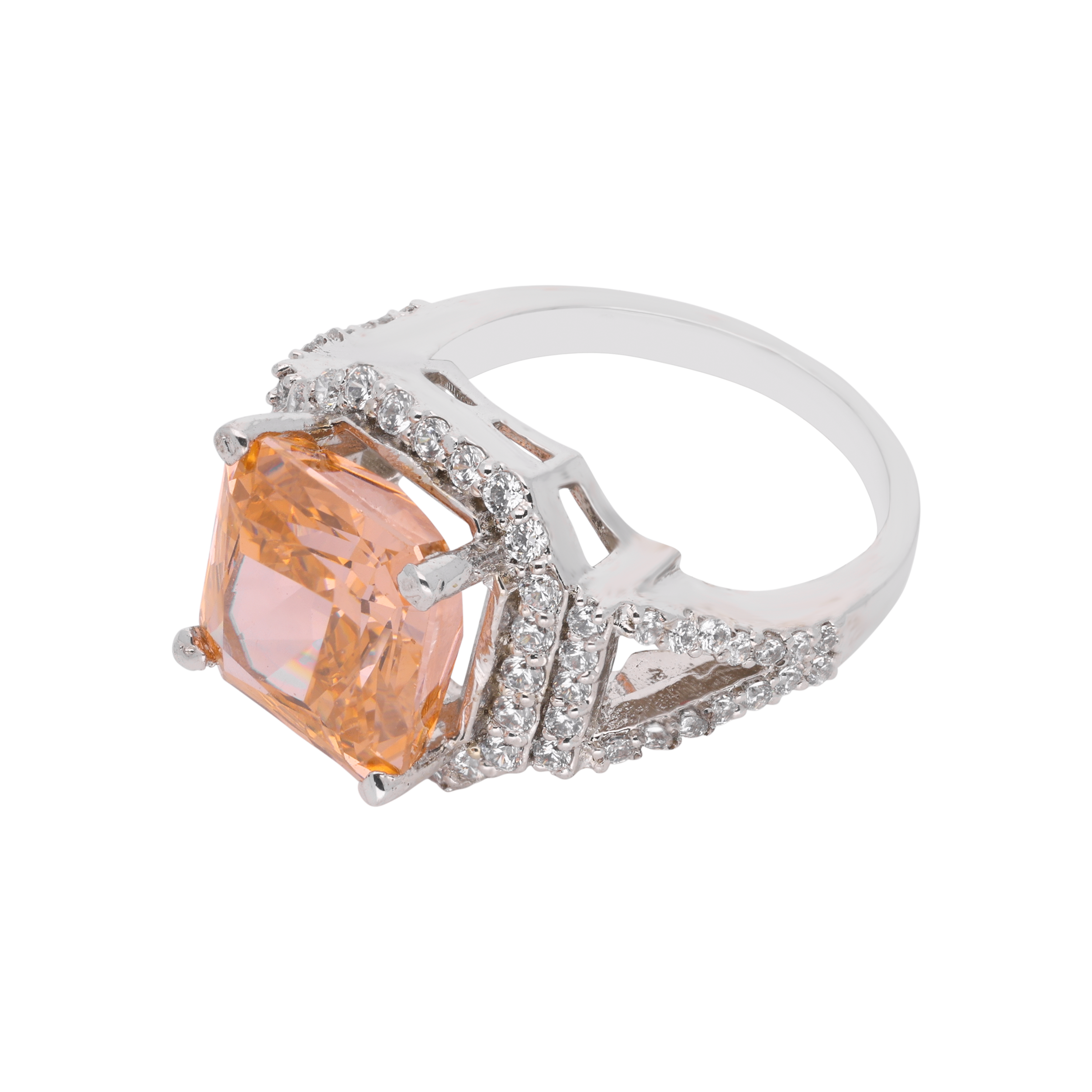Sterling Silver Ring with Radiant Amber-Hued Stone & Sparkling Accents | SKU : 0003578896