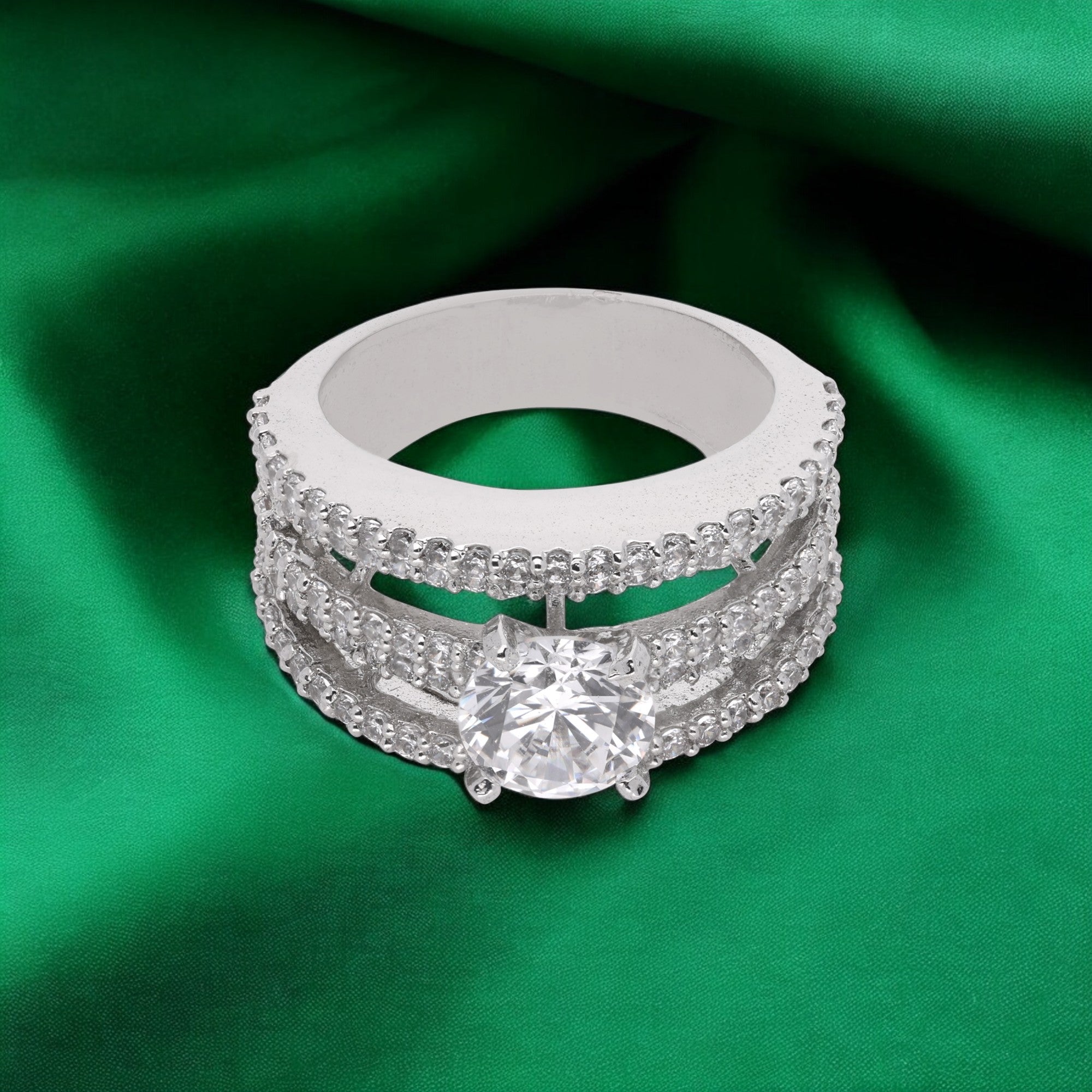 Grandeur Solitaire Ring with Multi-Row Accents in Sterling Silver | SKU : 0003578902