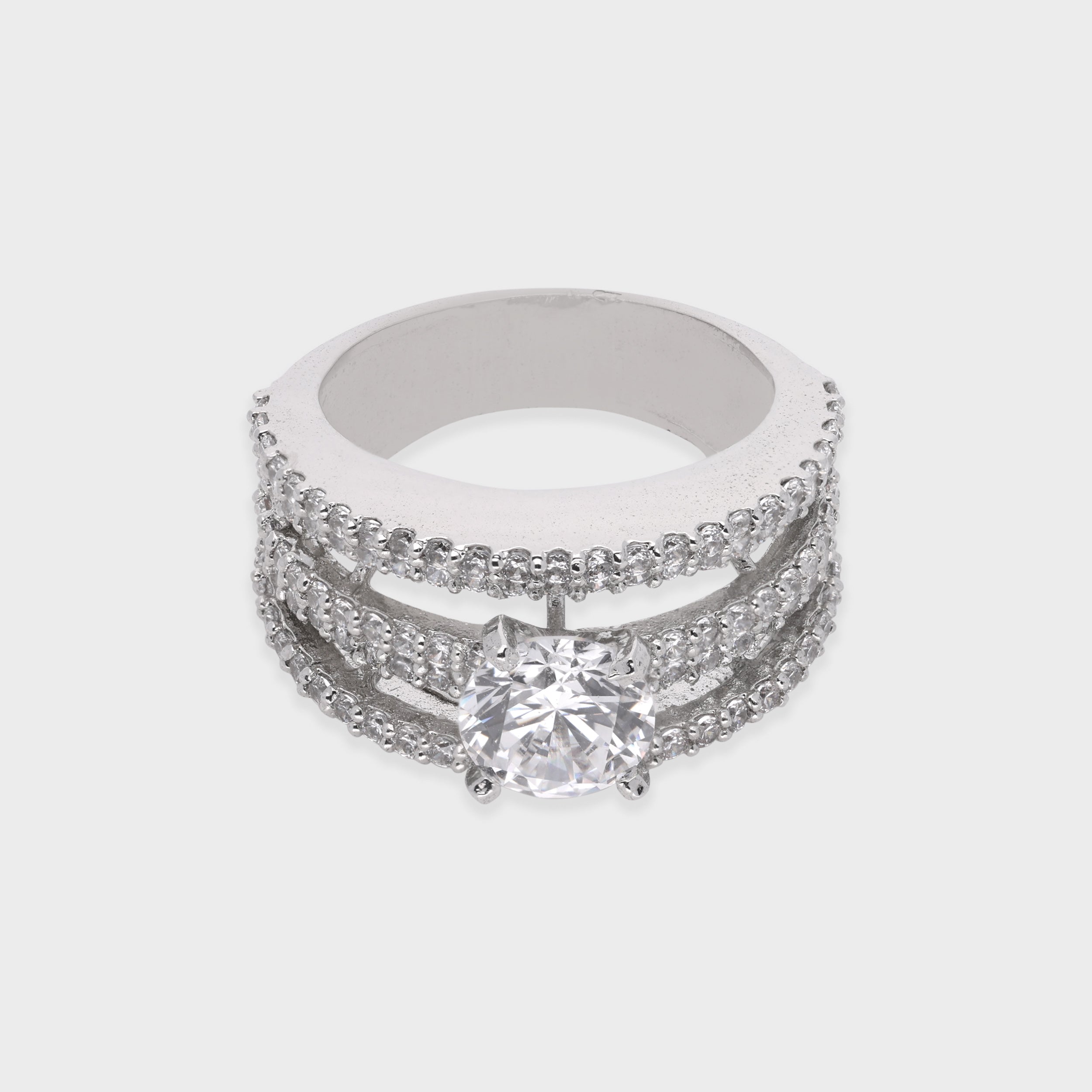 Grandeur Solitaire Ring with Multi-Row Accents in Sterling Silver | SKU : 0003578902
