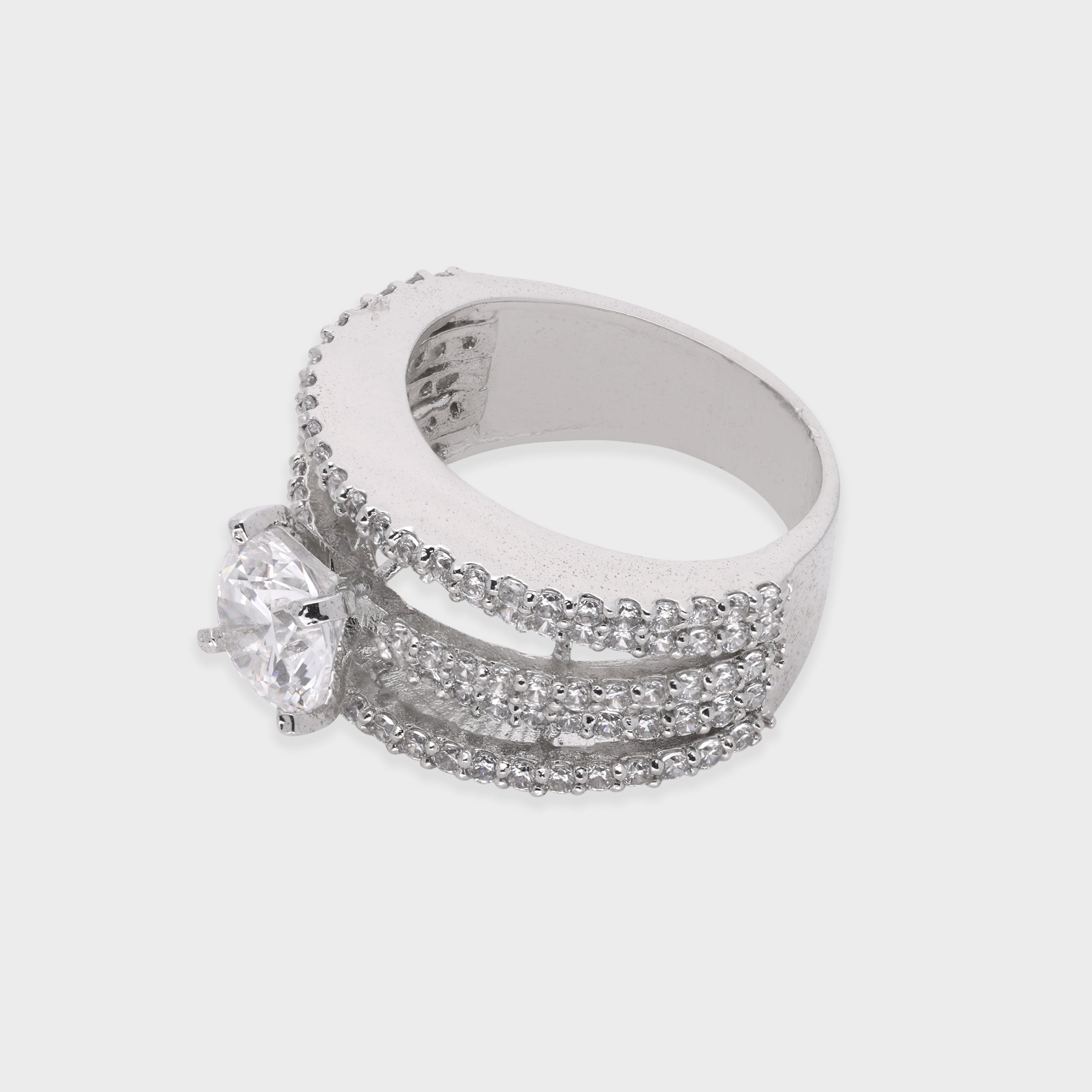 Grandeur Solitaire Ring with Multi-Row Accents in Sterling Silver | SKU : 0003578902