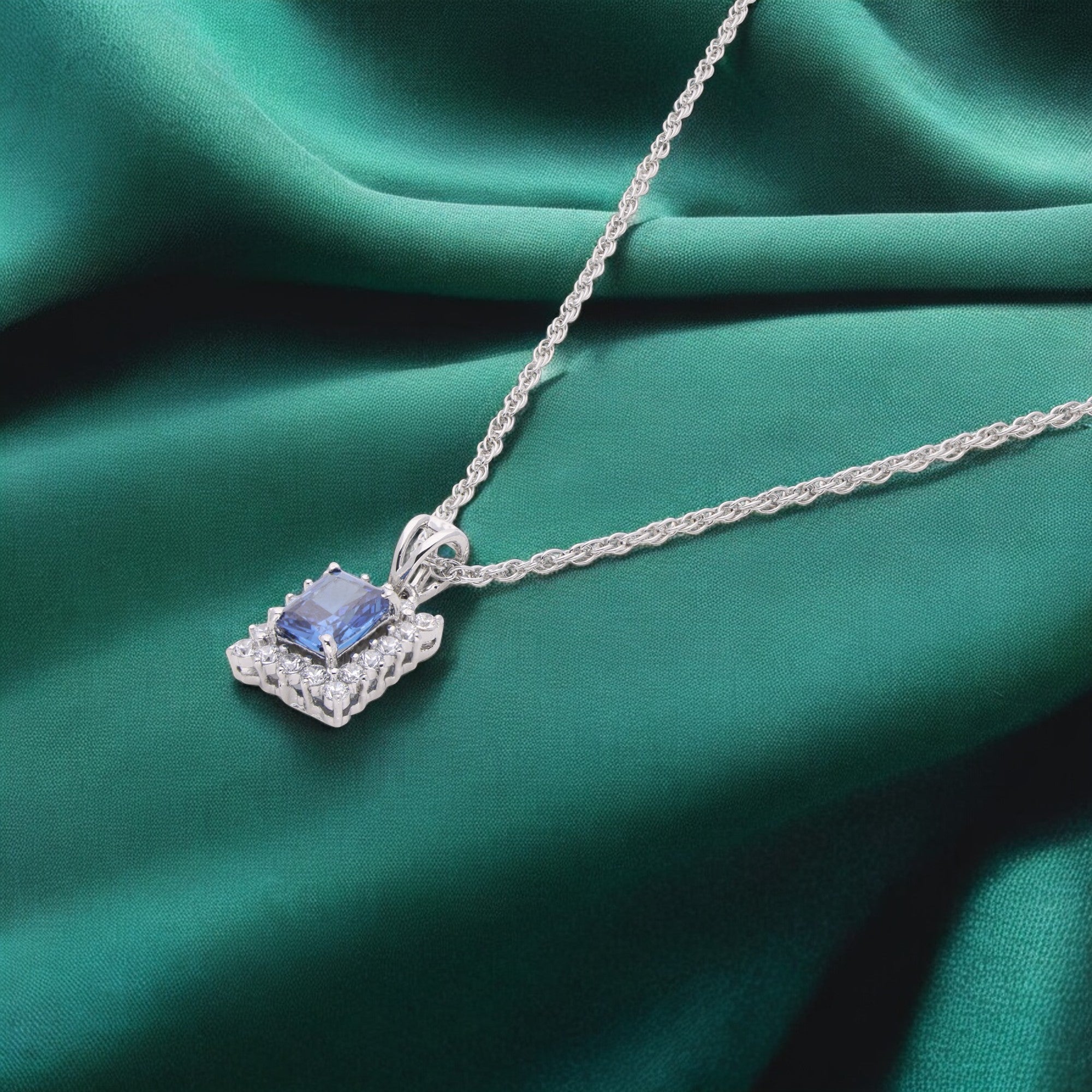 Sterling Silver Pendant Necklace with Blue Emerald-Cut Stone | SKU : 0003579046