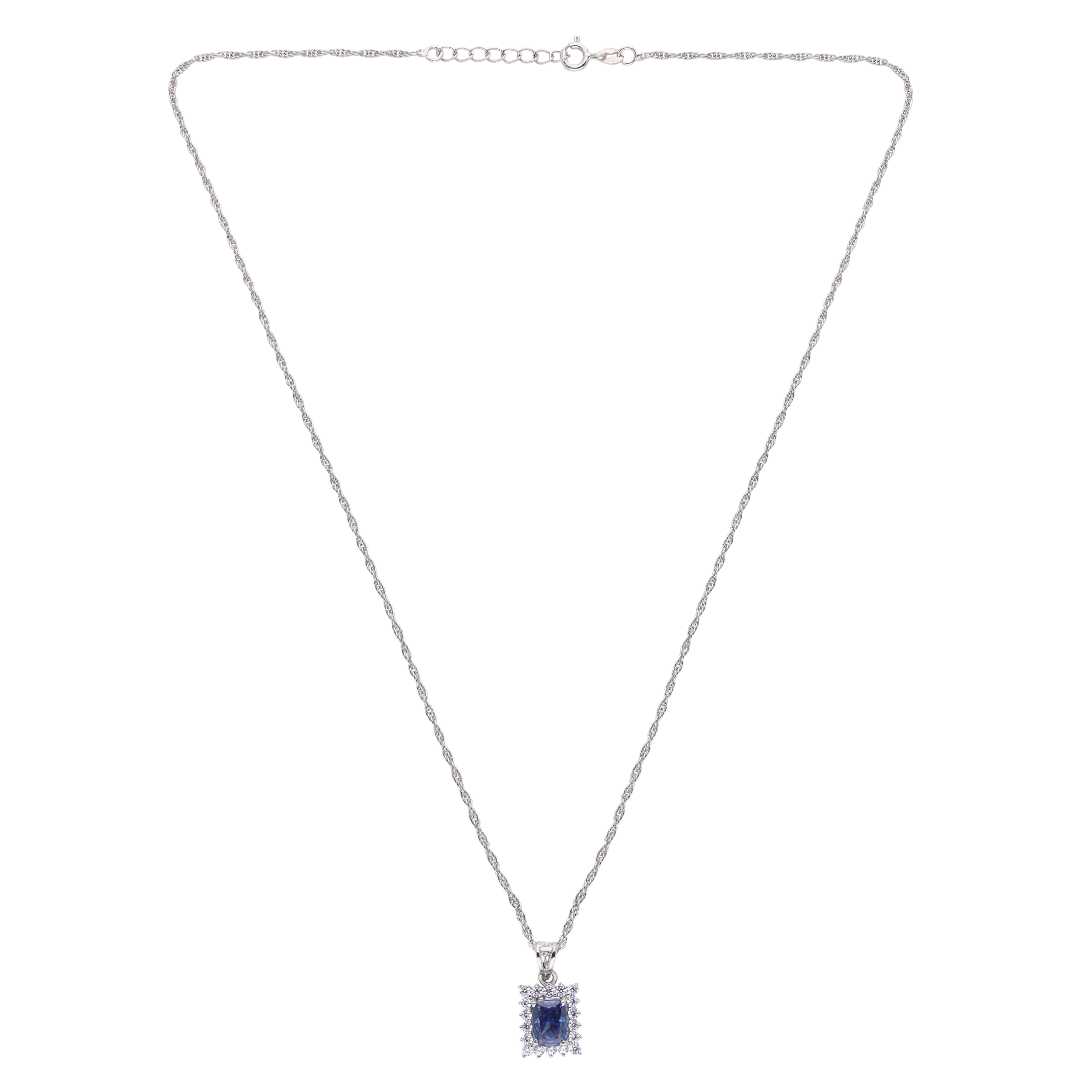 Sterling Silver Pendant Necklace with Blue Emerald-Cut Stone | SKU : 0003579046