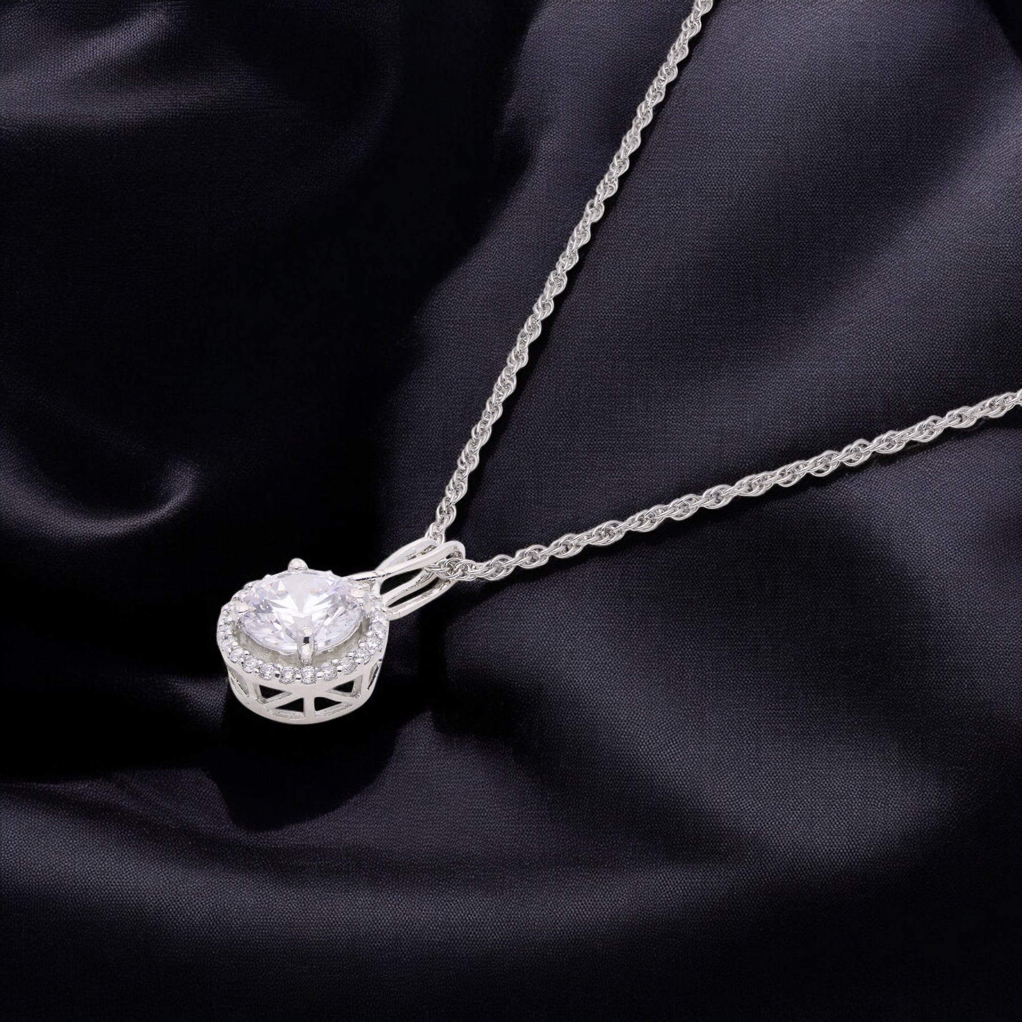 Sterling Silver Round Halo Pendant Necklace with Intricate Detailing | SKU : 0003579138, 0021423963, 0021423970