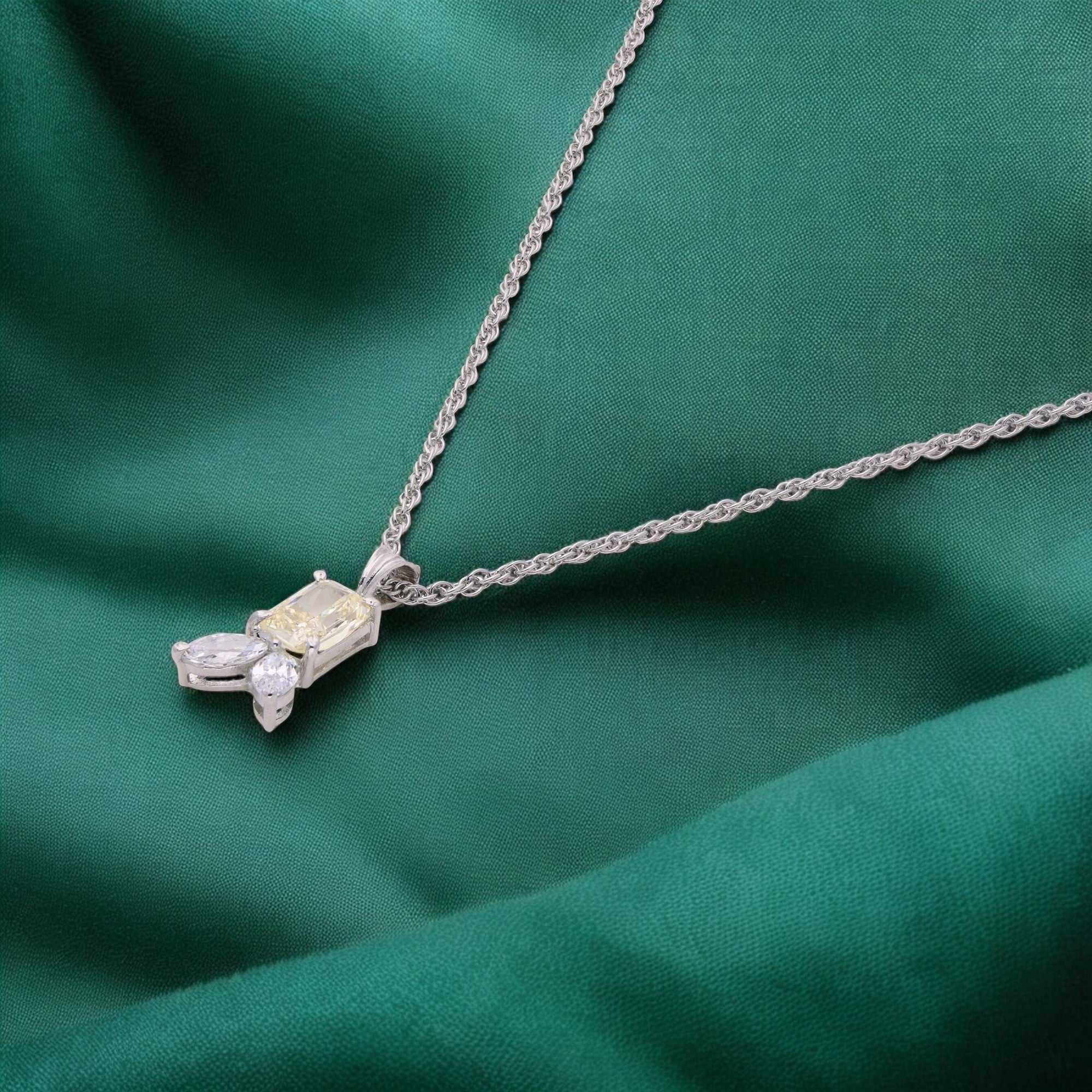 Sterling Silver Pendant Necklace with Yellow Emerald-Cut Stone & Leaf Accents | SKU : 0003579152, 0021424014