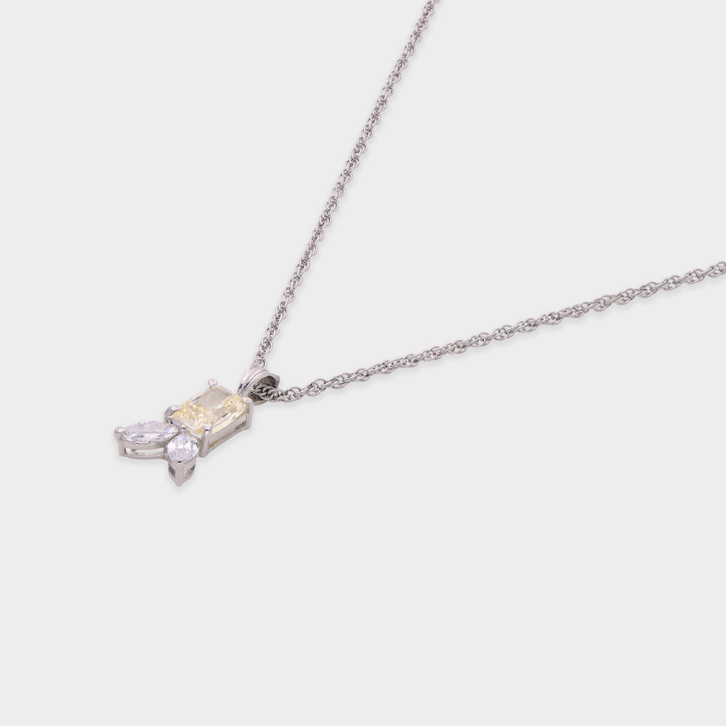 Sterling Silver Pendant Necklace with Yellow Emerald-Cut Stone & Leaf Accents | SKU : 0003579152, 0021424014
