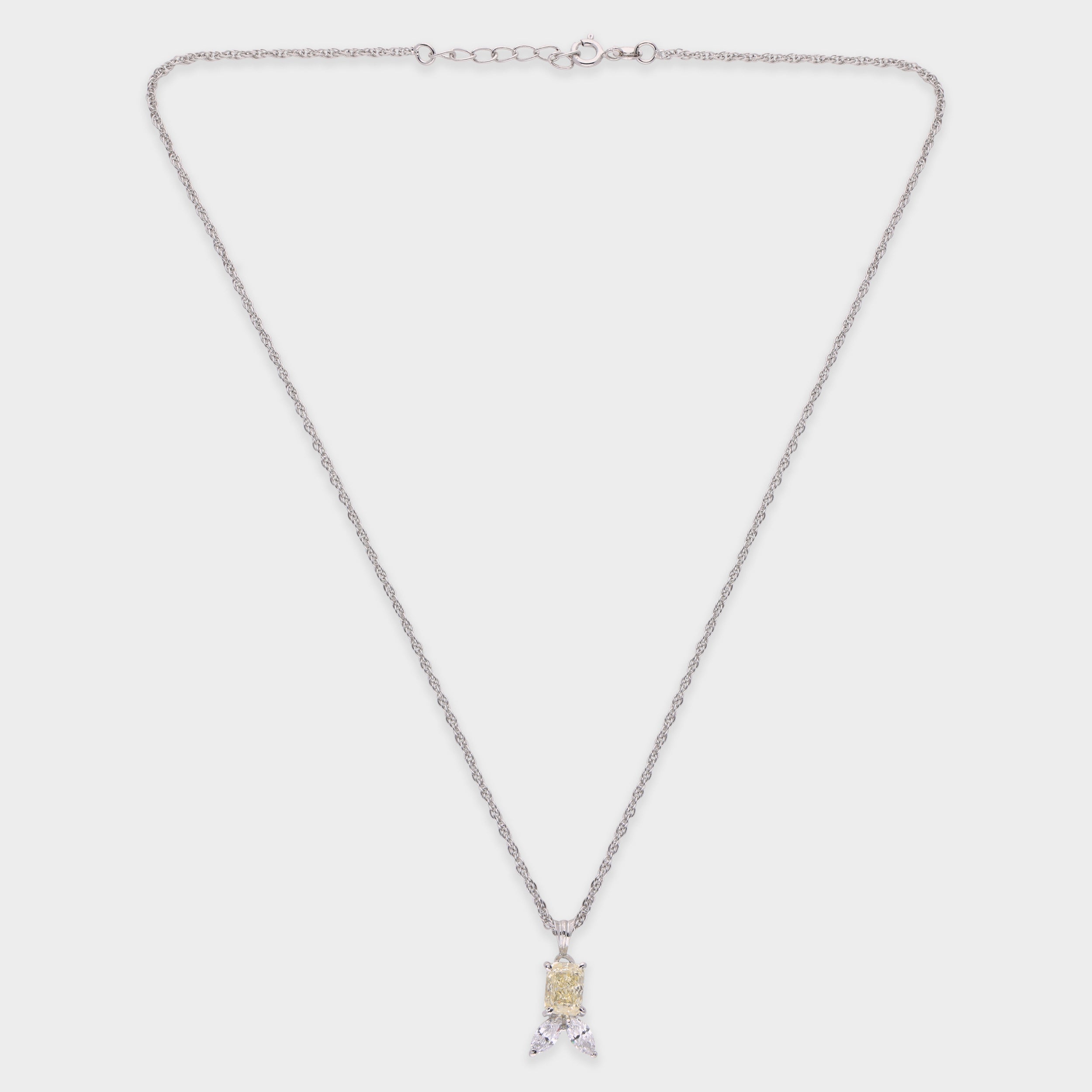 Sterling Silver Pendant Necklace with Yellow Emerald-Cut Stone & Leaf Accents | SKU : 0003579152, 0021424014