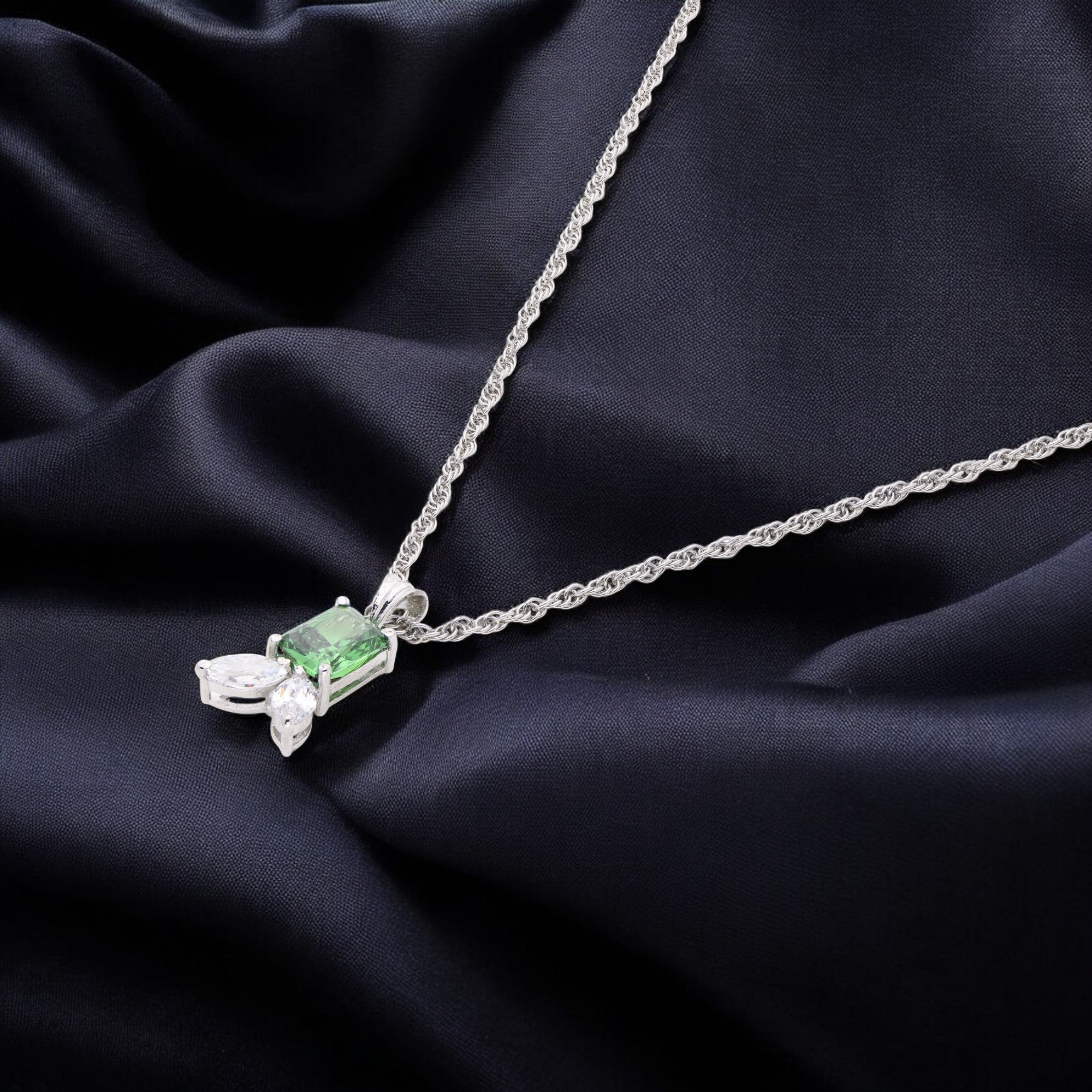 Sterling Silver Pendant Necklace with Green Emerald-Cut Stone & Leaf Accents | SKU : 0003579169, 0021424007