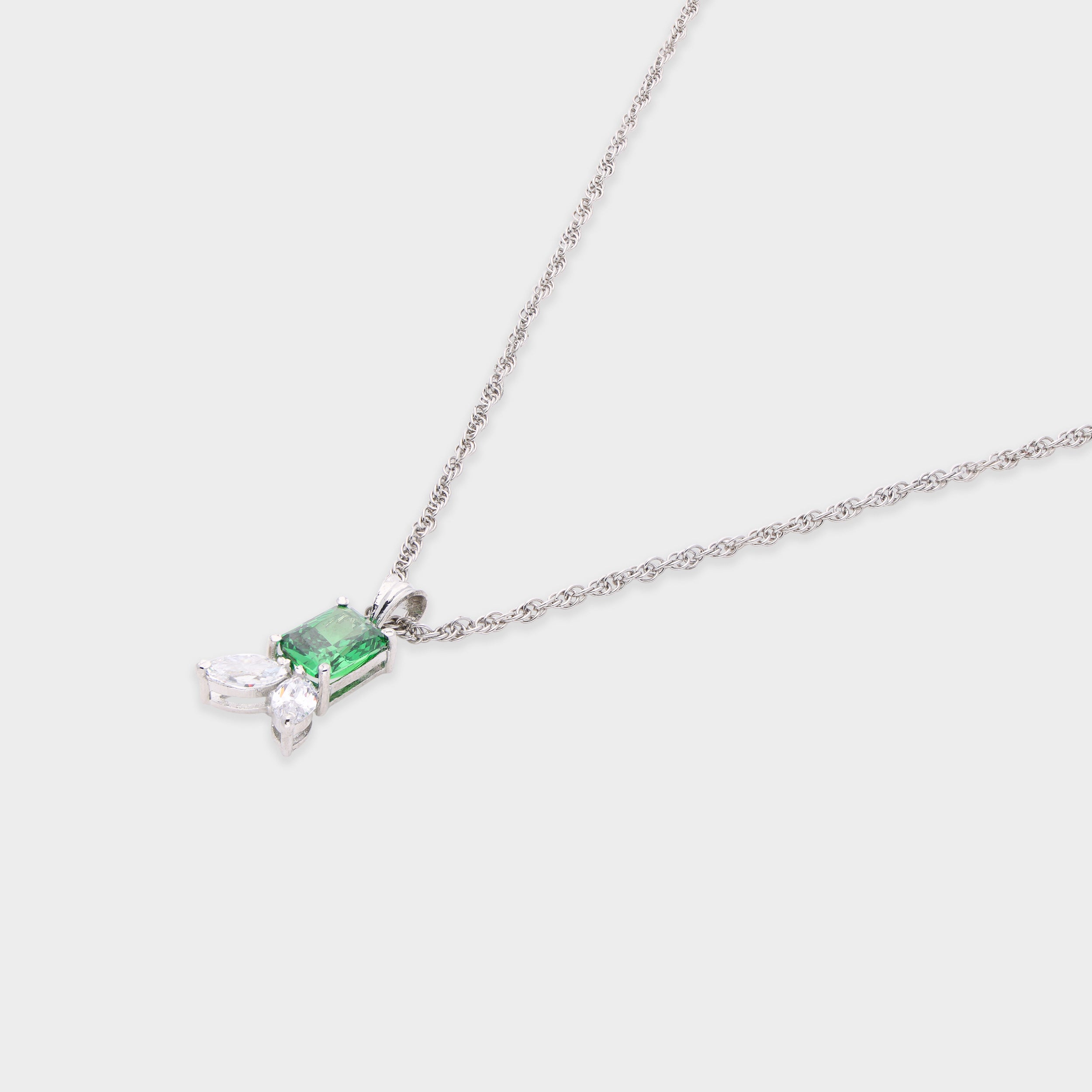 Sterling Silver Pendant Necklace with Green Emerald-Cut Stone & Leaf Accents | SKU : 0003579169, 0021424007