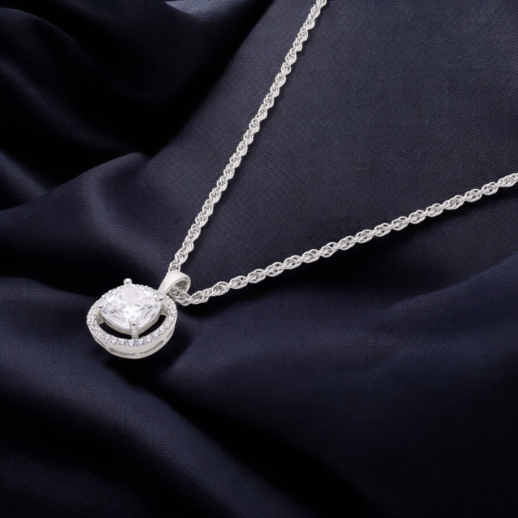 Cushion-Cut Halo Pendant Necklace – A Timeless Sparkle | SKU : 0003579190, 0021424069, 0021424076