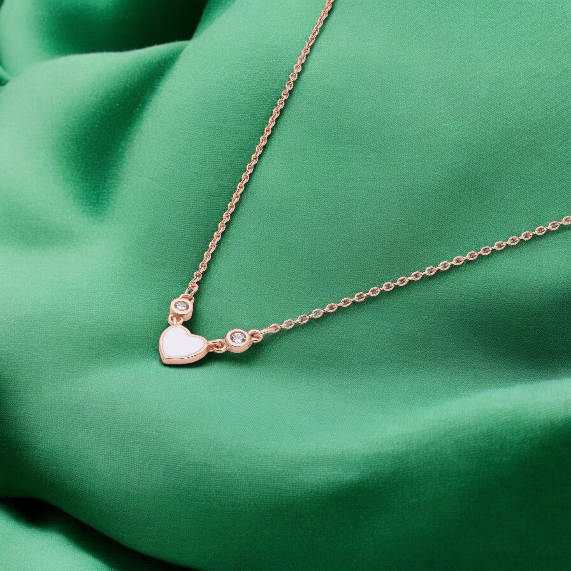 Sterling Silver Heart Charm Necklace with White Enamel & Sparkling Stones | SKU : 0021525674, 0021525667, 0021525650, 0021525698, 0021525681, 0003624012