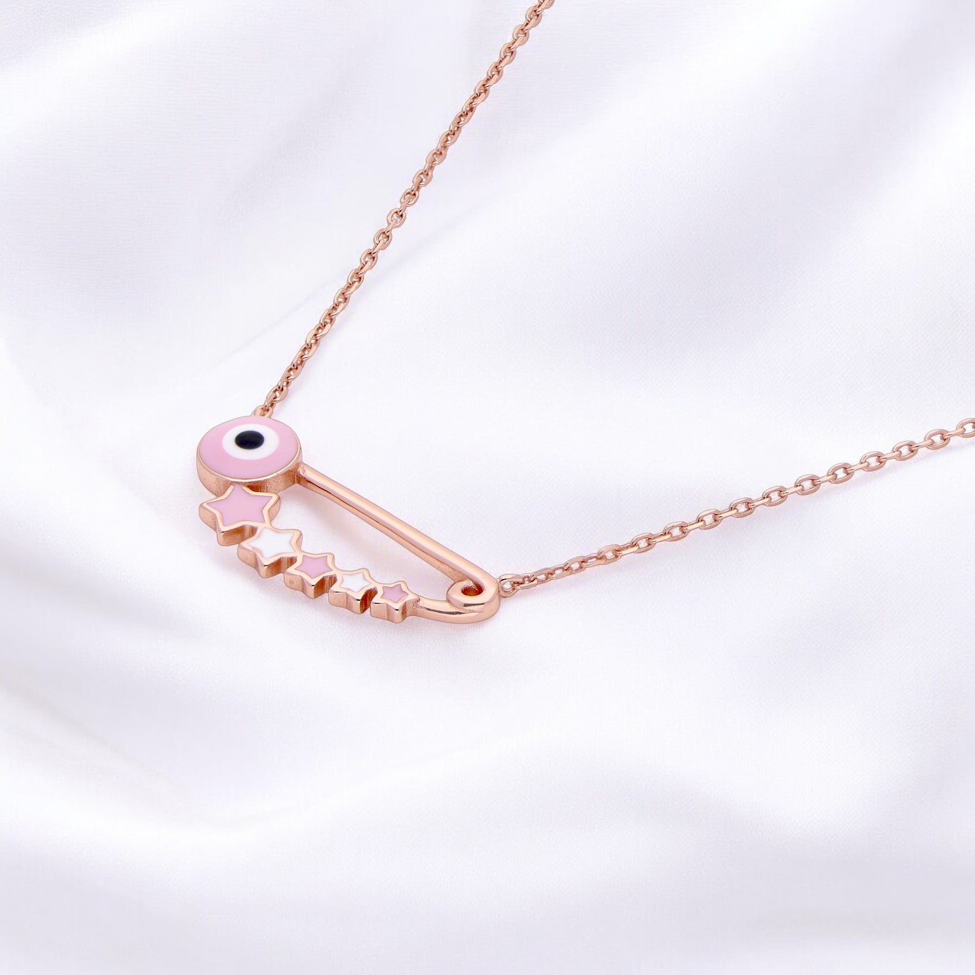 Pink Evil Eye Safety Pin Necklace with Enamel Star Charms in Rose Finish | SKU : 0021525438, 0003624043, 0021525421