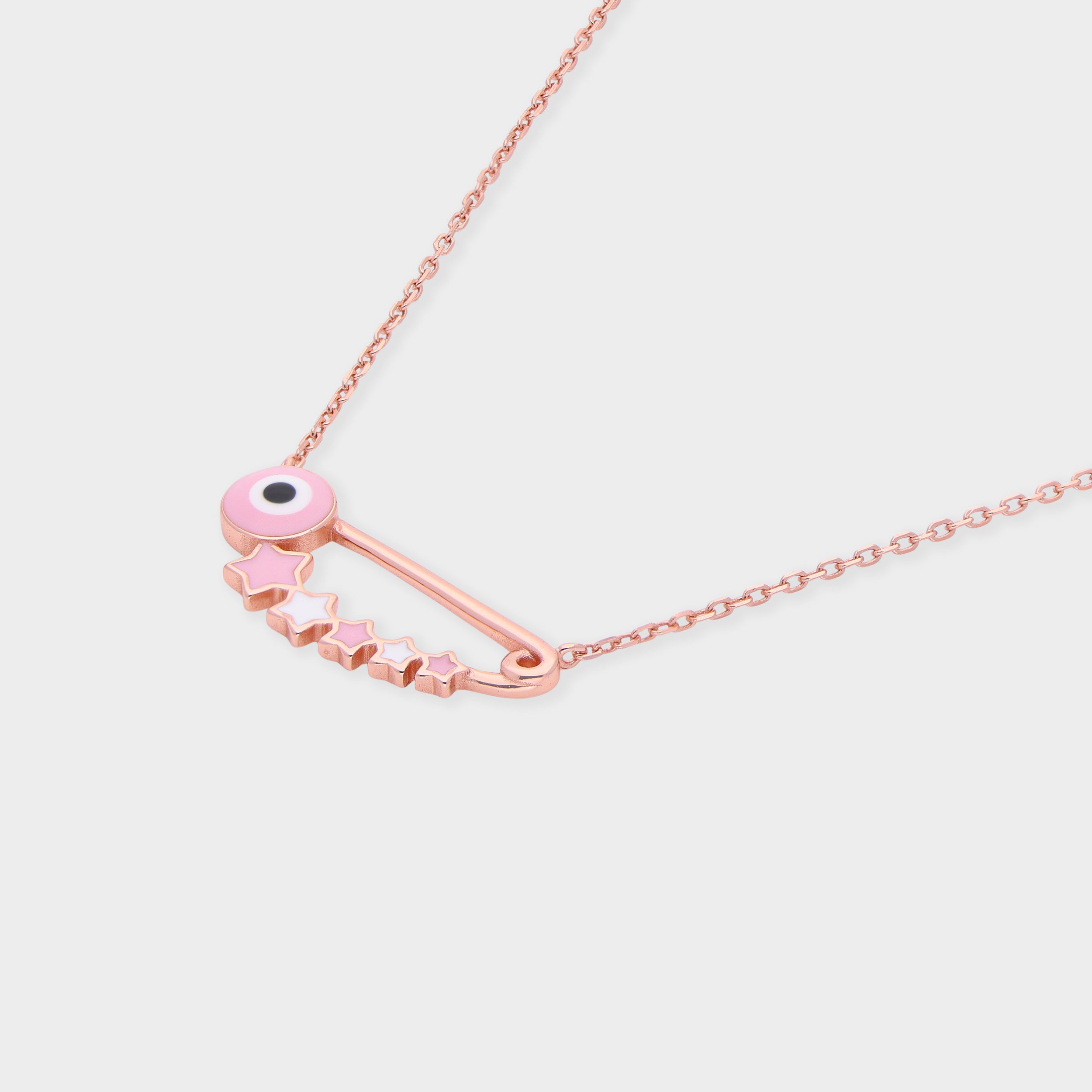 Pink Evil Eye Safety Pin Necklace with Enamel Star Charms in Rose Finish | SKU : 0021525438, 0003624043, 0021525421