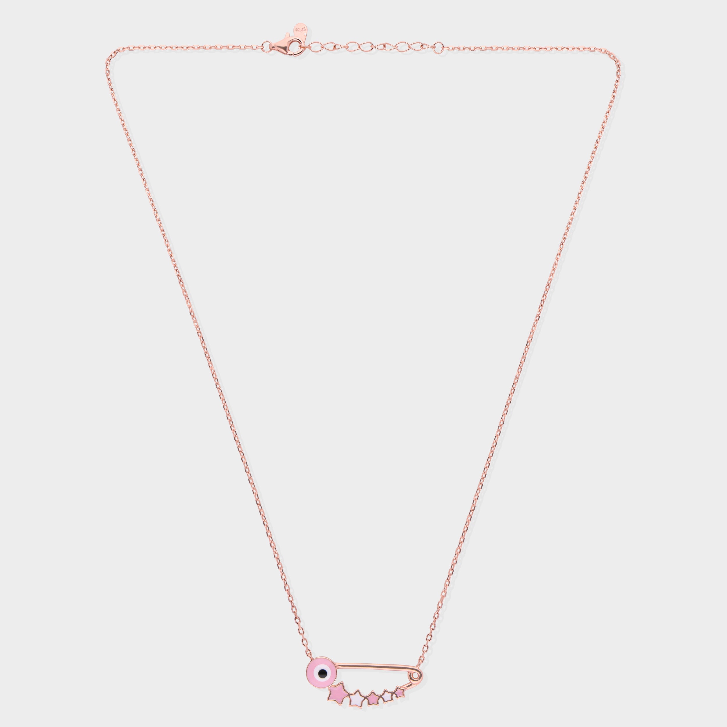 Pink Evil Eye Safety Pin Necklace with Enamel Star Charms in Rose Finish | SKU : 0021525438, 0003624043, 0021525421