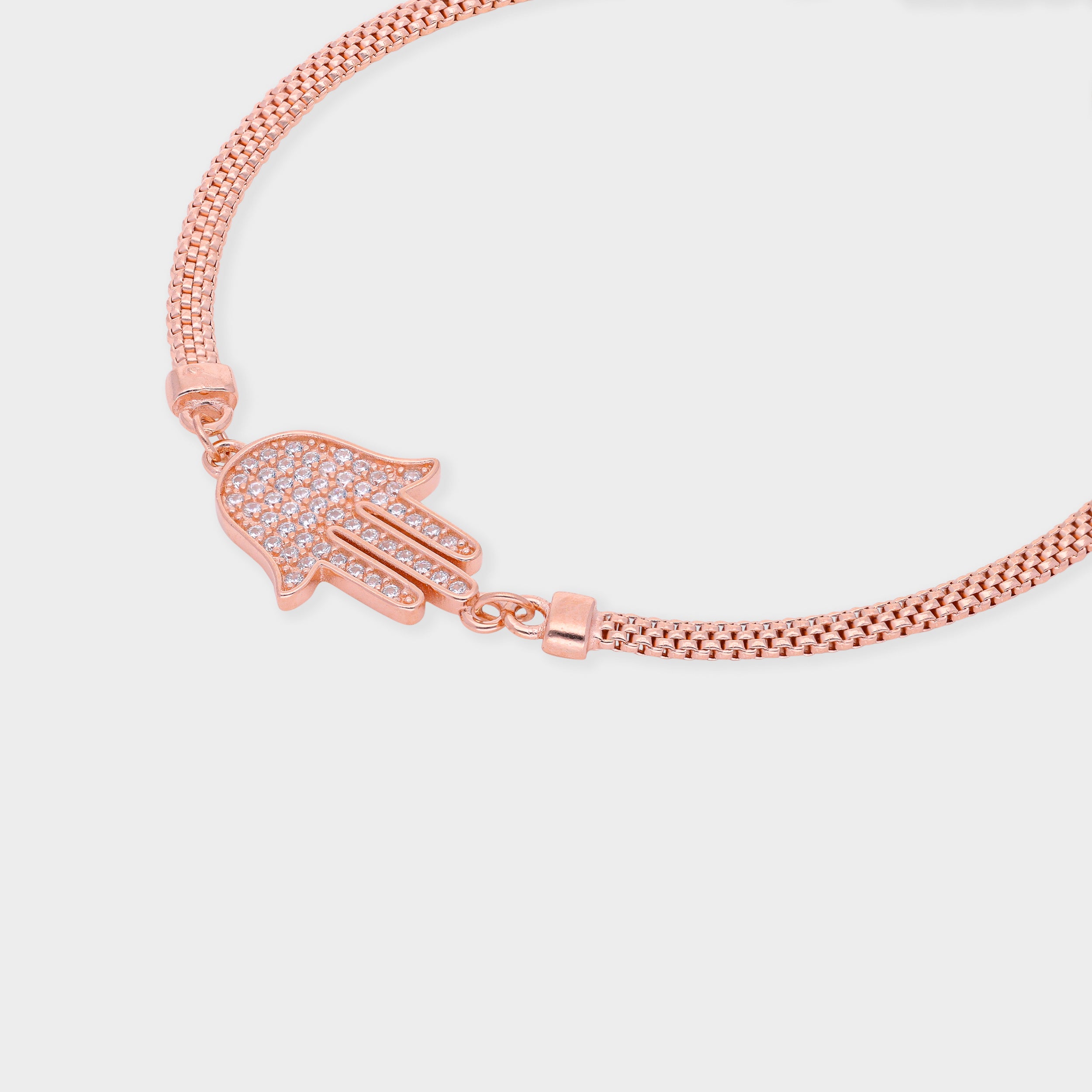 Rose-Toned Mesh Bracelet with Pavé Hamsa Hand Charm for Protection & Style | SKU : 0003624098, 0021525810