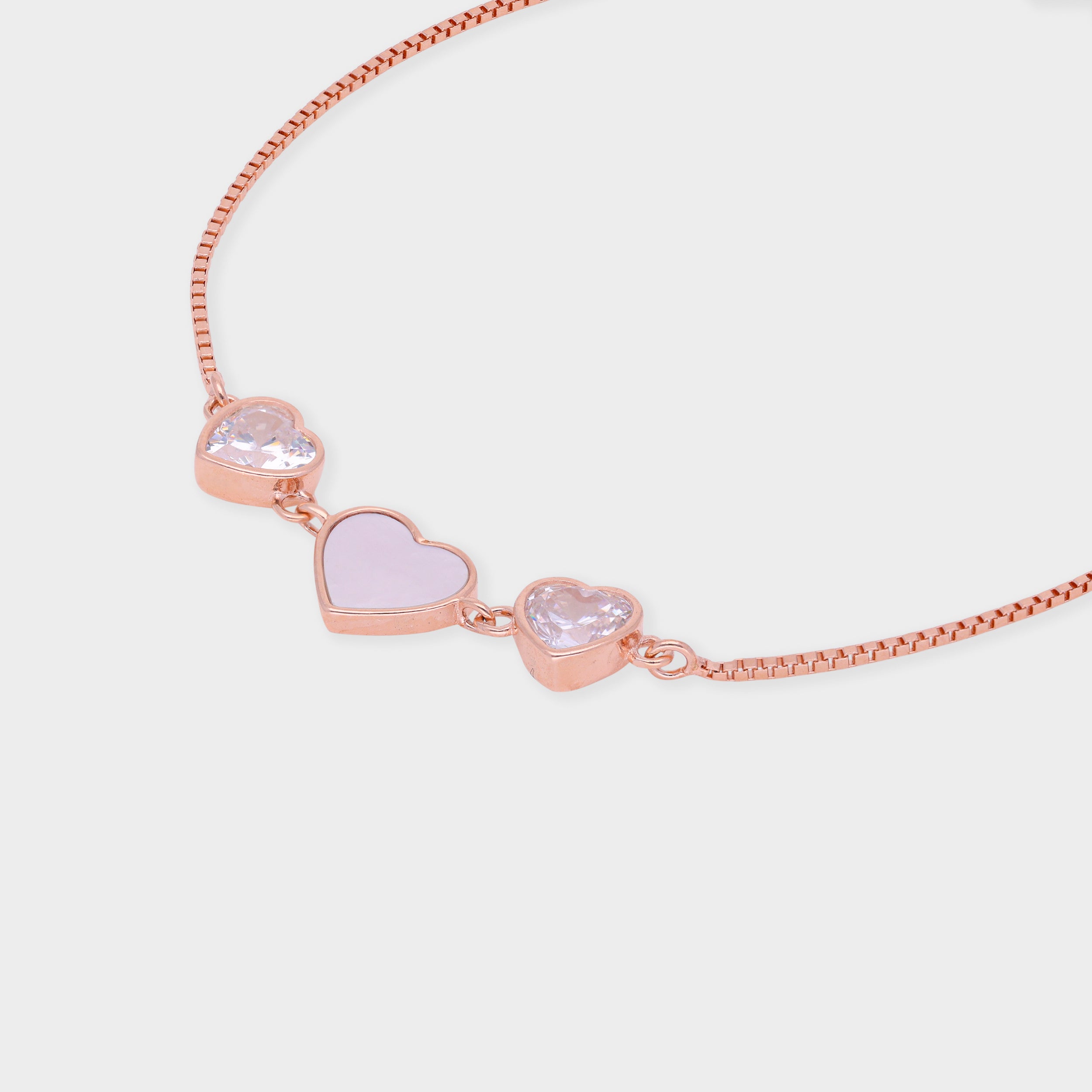 Rose-Toned Triple Heart Bracelet with Mother-of-Pearl and Sparkling Stone Accents | SKU : 0003624234, 0021525322, 0021525339, 0021525346, 0021525315
