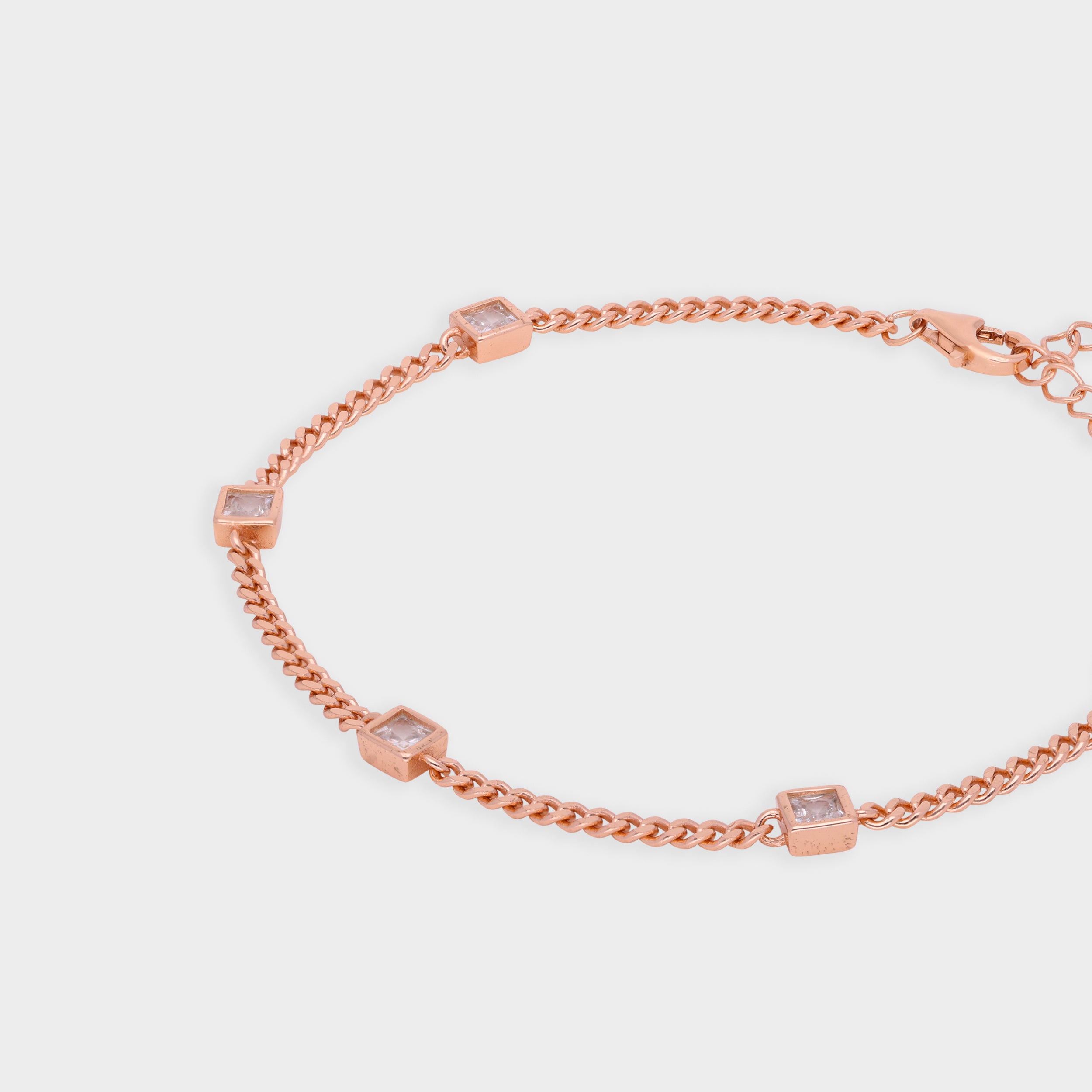 Rose-Tone Box Chain Bracelet with Princess-Cut Stone Embellishments | SKU : 0021546709, 0021546693, 0003631072, 0021546686