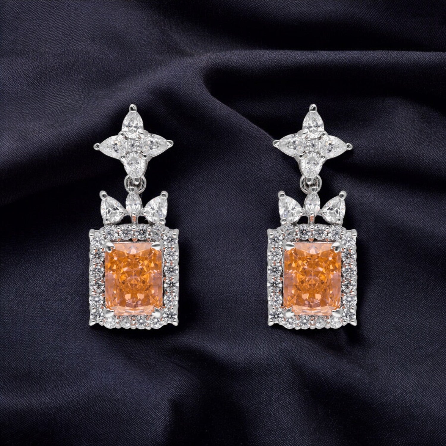 Radiant Emerald Cut Halo Drop Earrings – Green, Blue & Orange Variants | SKU : 0022178961, 0022179265, 0003894095
