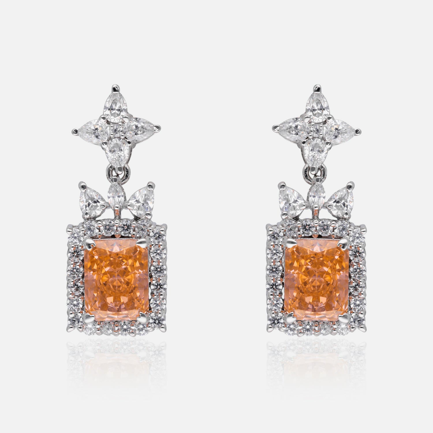 Radiant Emerald Cut Halo Drop Earrings – Green, Blue & Orange Variants | SKU : 0022178961, 0022179265, 0003894095