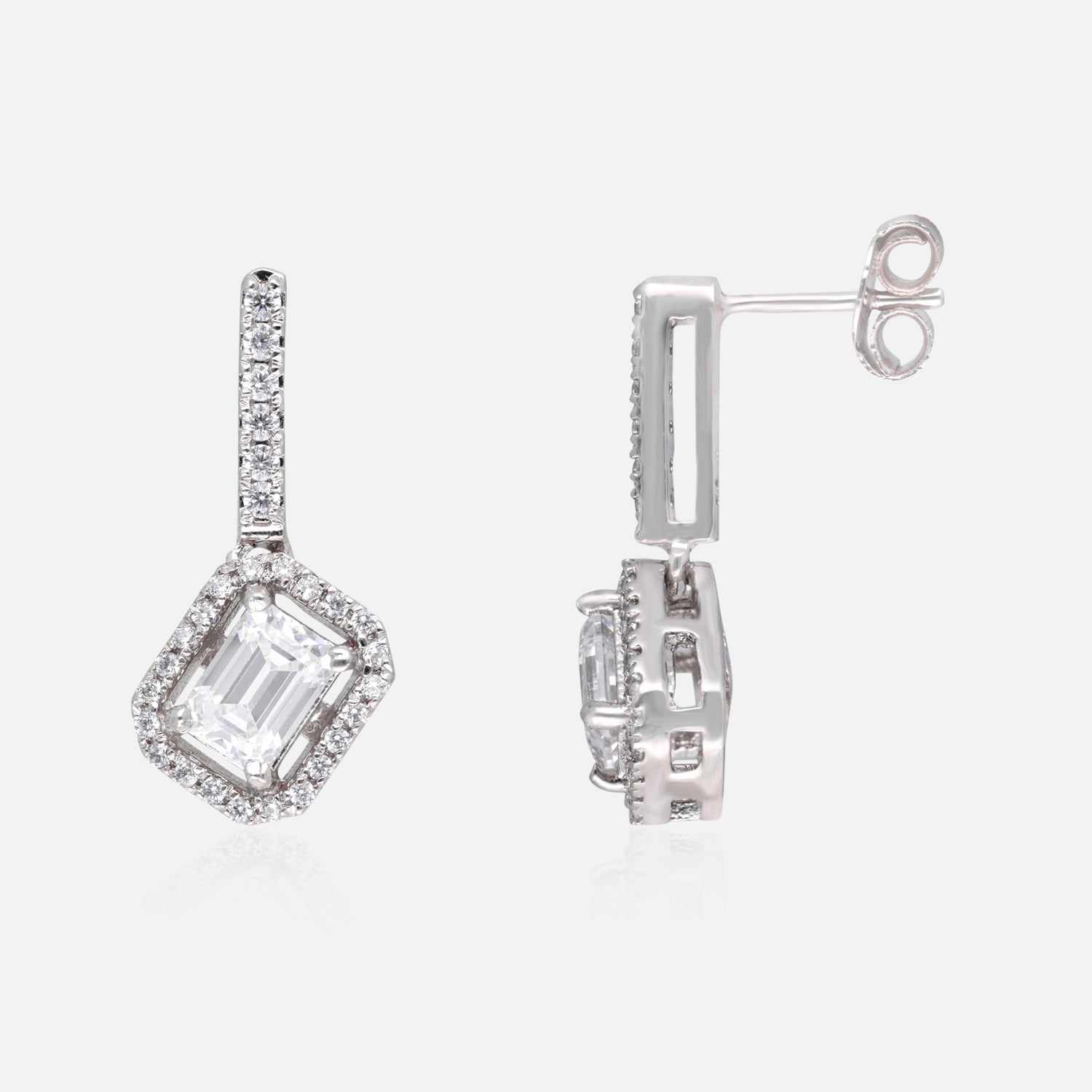 Emerald-Cut Halo Sterling Silver Drop Earrings | SKU : 0022179036, 0022179333, 0003894163