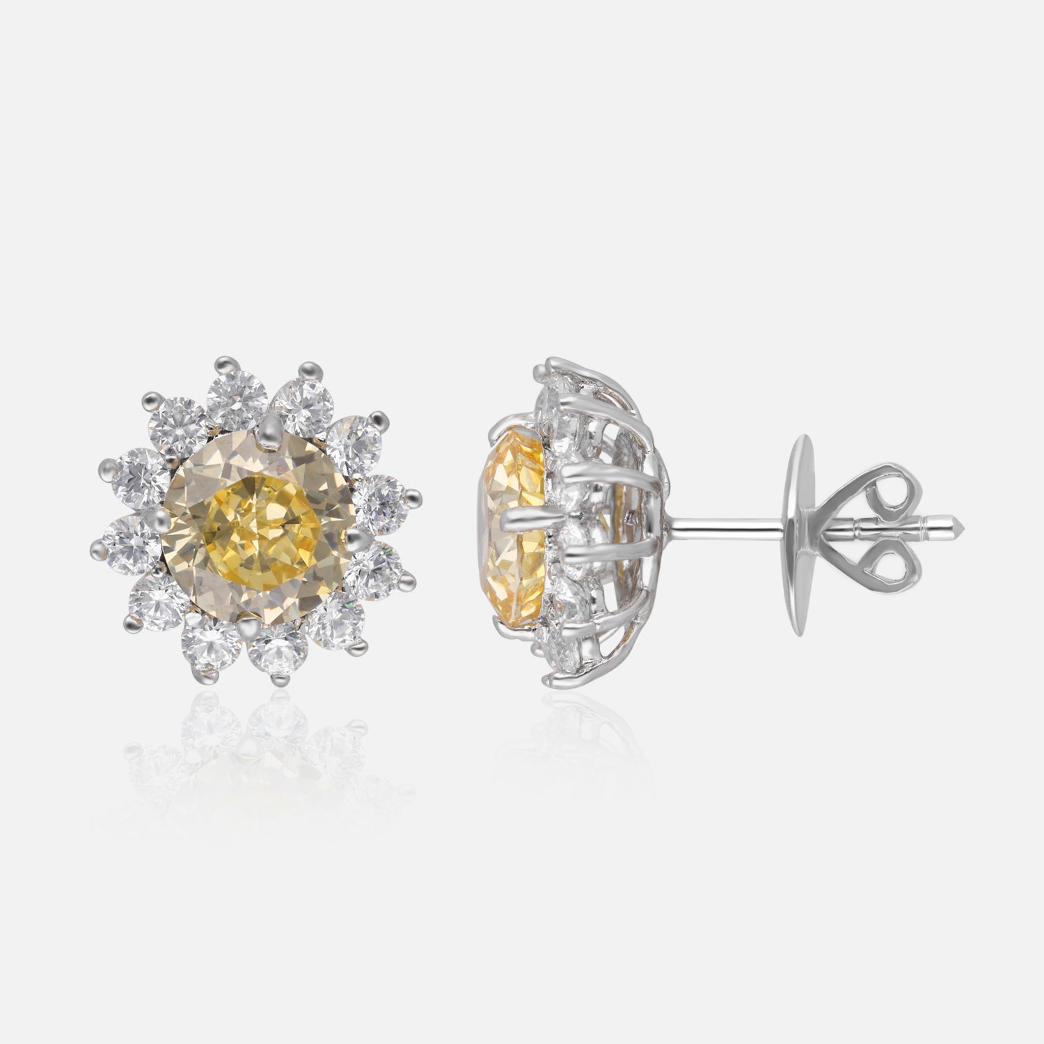 Sterling Silver Yellow-Pink Solitaire & White Halo Stud Earrings | SKU : 0022195838, 0022194442, 0003904190