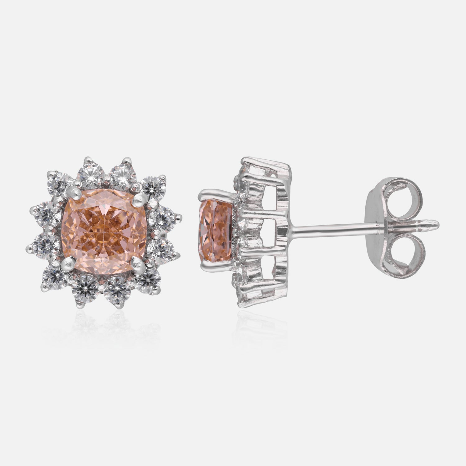 Elegant Cushion-Cut Blue & Peach Gemstone Halo Floral Stud Earrings | SKU : 0022195845, 0022194459, 0003904206