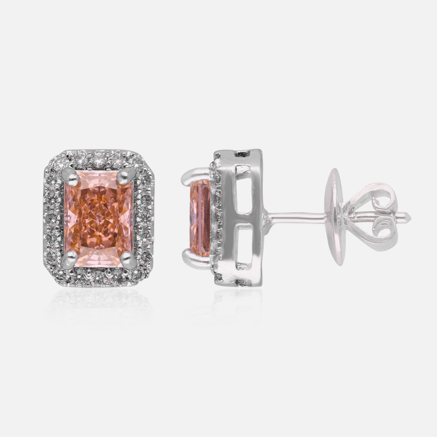 Sterling Silver Radiant-Cut Halo Earrings (Pink, Yellow & Blue Variants) | SKU : 0022195944, 0022194558, 0003904305