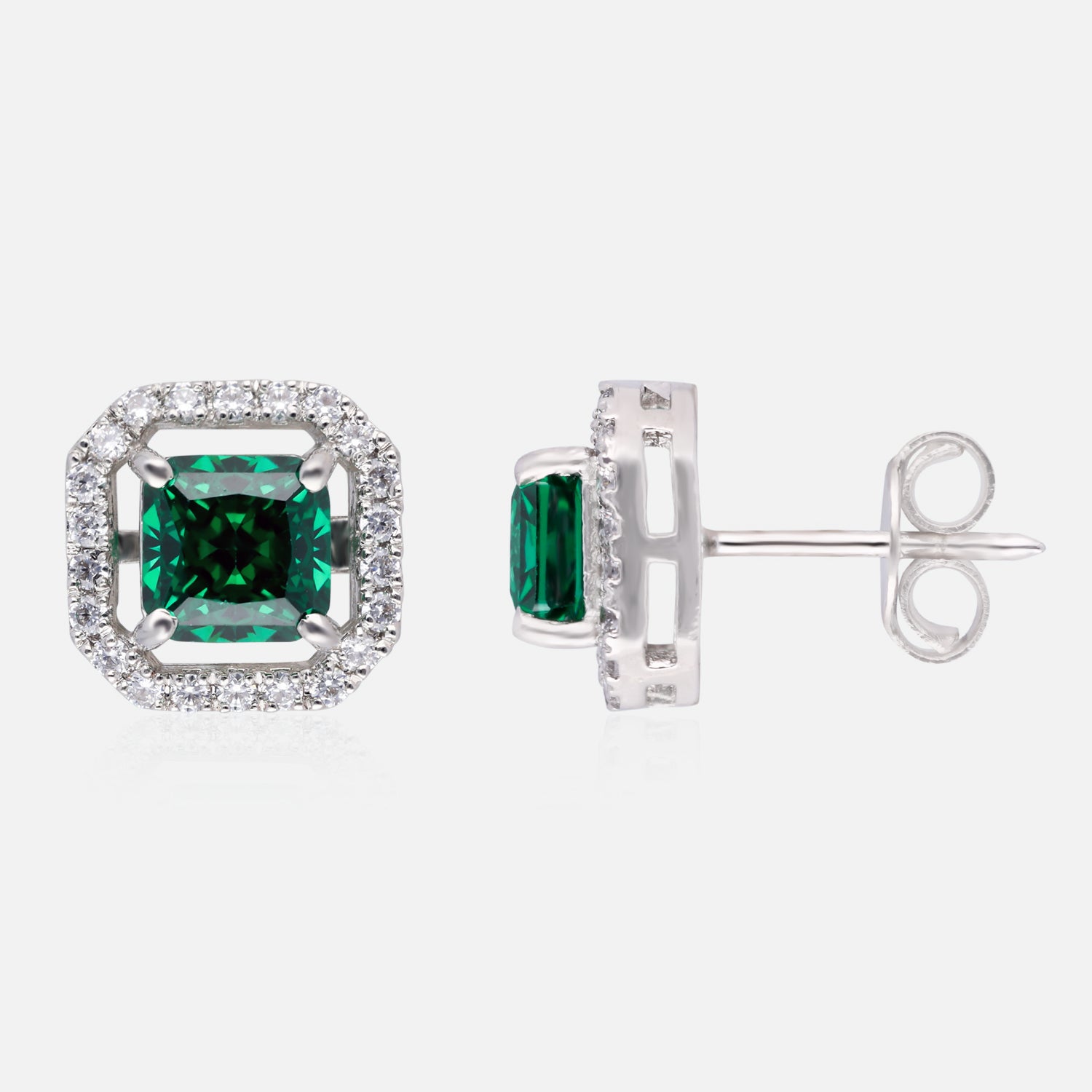 Sterling Silver Cushion-Cut Halo Stud Earrings – Emerald, Sapphire & Yellow Variants | SKU : 0022195968, 0022194572, 0003904329