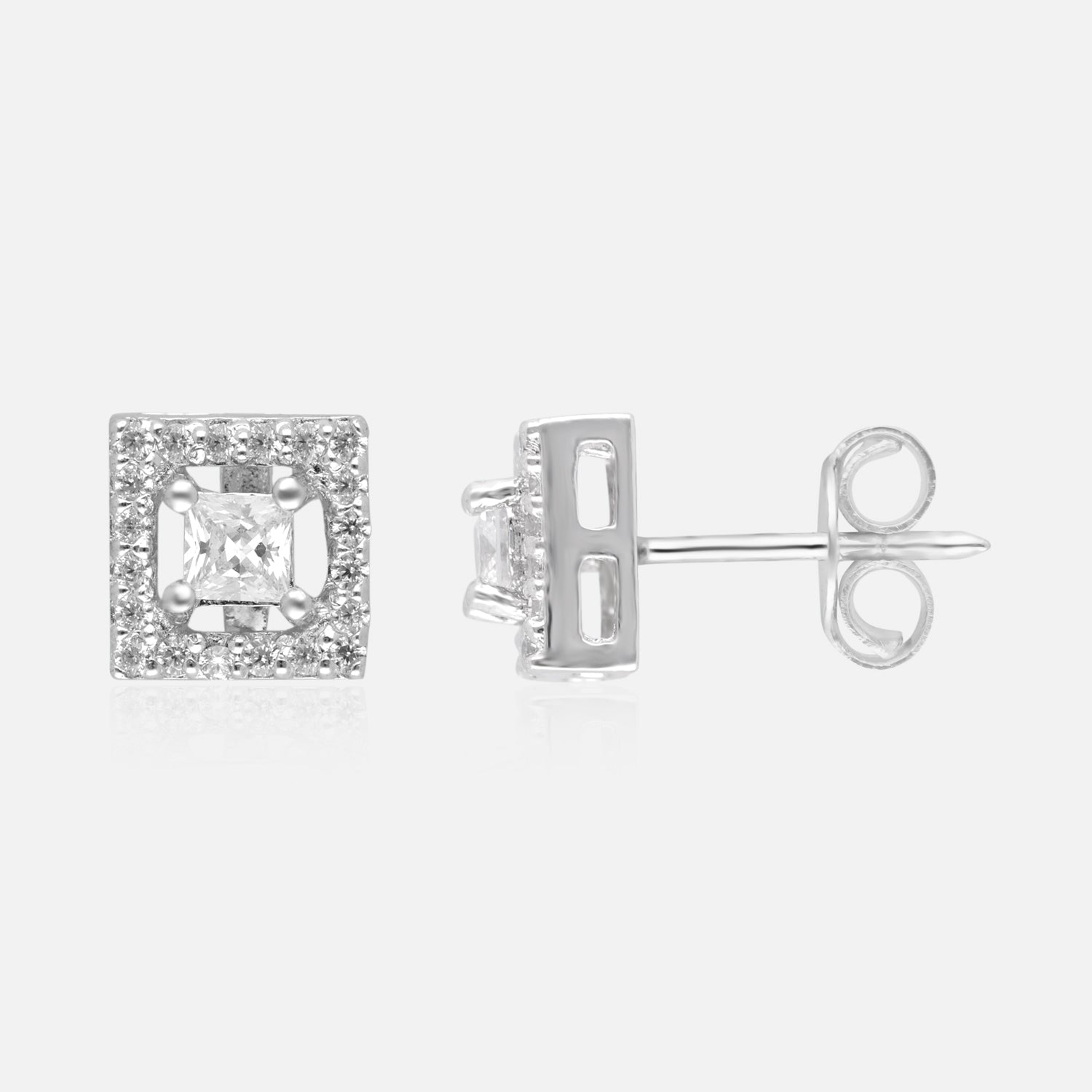Timeless Radiance – Princess-Cut Diamond Halo Stud Earrings | SKU : 0022196262, 0022194879, 0003904626