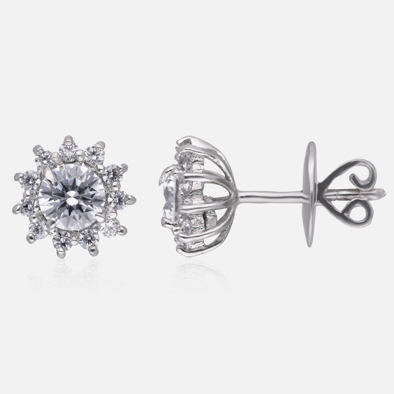 Classic Round-Cut White Gemstone Floral Halo Stud Earrings in Sterling Silver | SKU : 0022196323, 0022194930, 0003904688