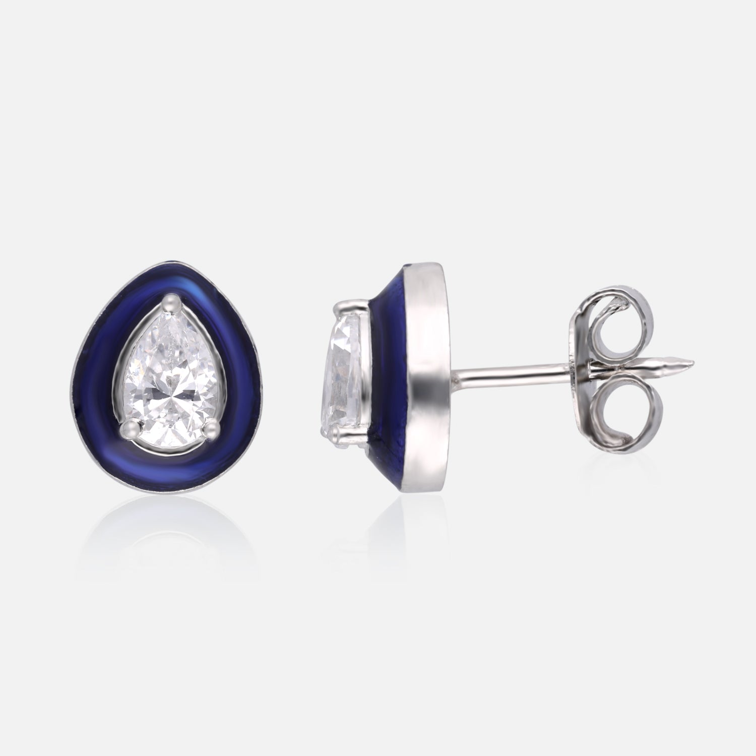 Elegant Teardrop Enamel Stud Earrings with Sparkling Pear-Cut Center Stone – Blue, Red & Green Variants | SKU : 0022196354, 0022194961, 0003904718