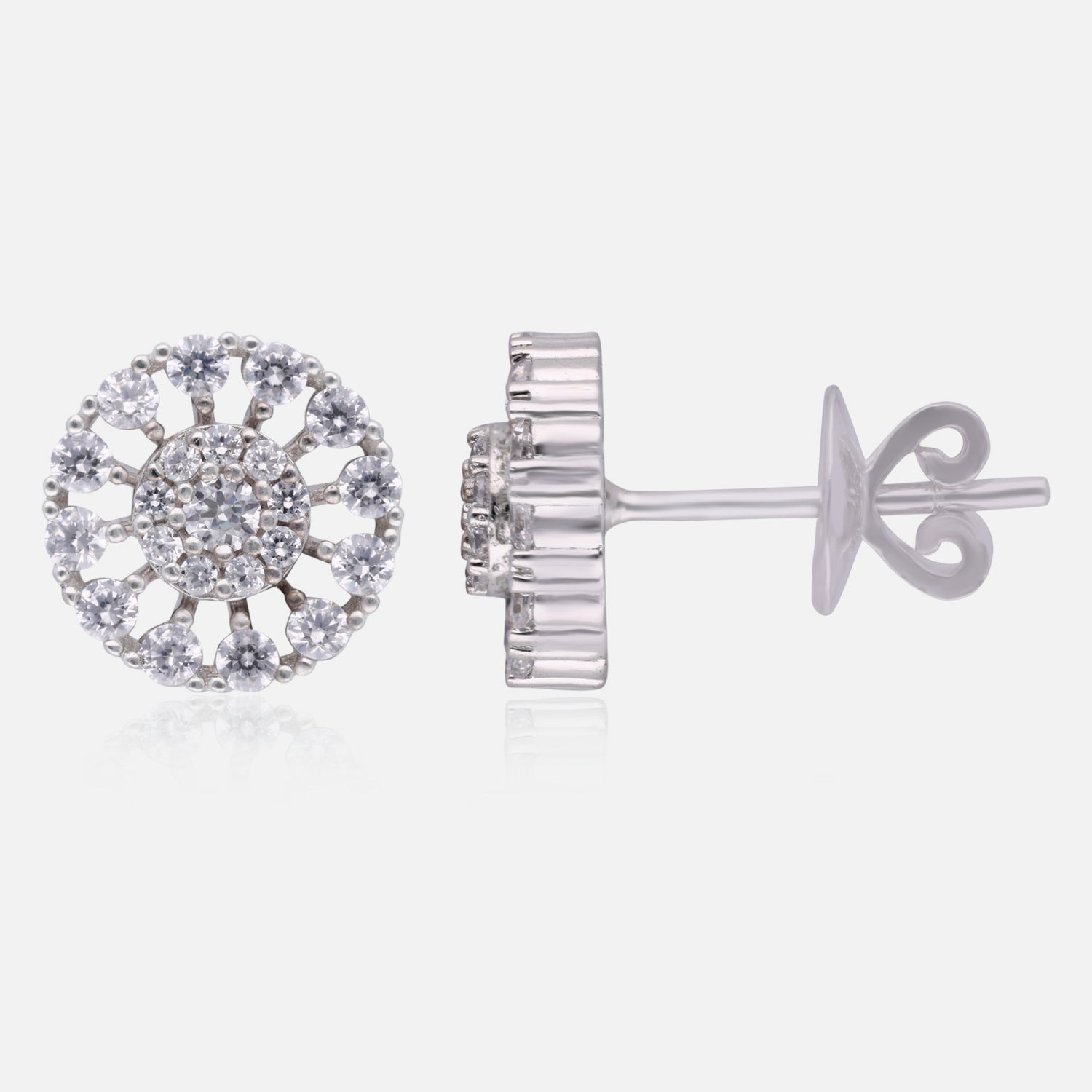 Radiant Round Cluster Halo Stud Earrings in Sterling Silver | SKU : 0022196415, 0022195029, 0003904770