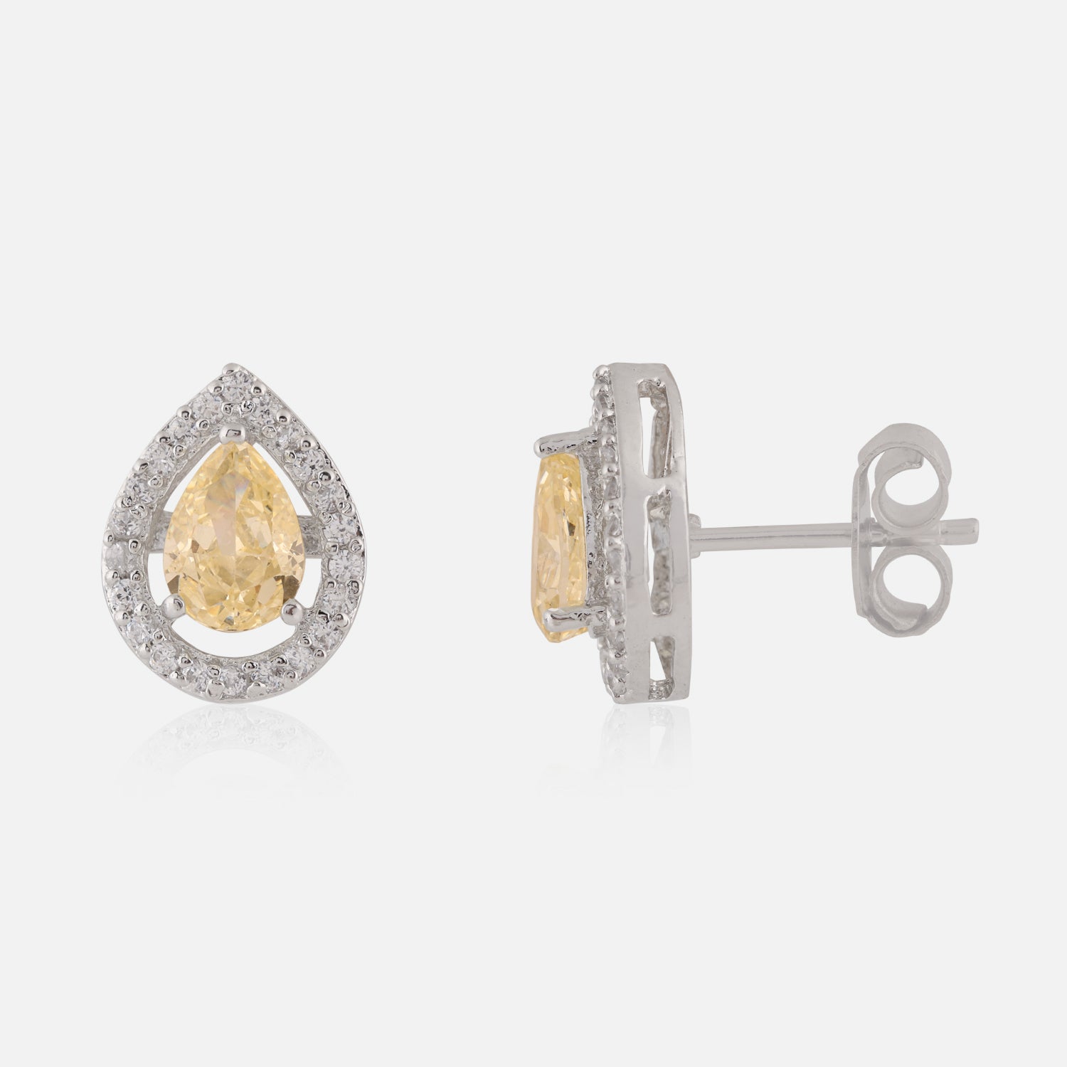 Radiant Teardrop Sterling Silver Earrings with Yellow Gemstone & Halo Accents | SKU : 0022260659, 0022259479, 0003939048