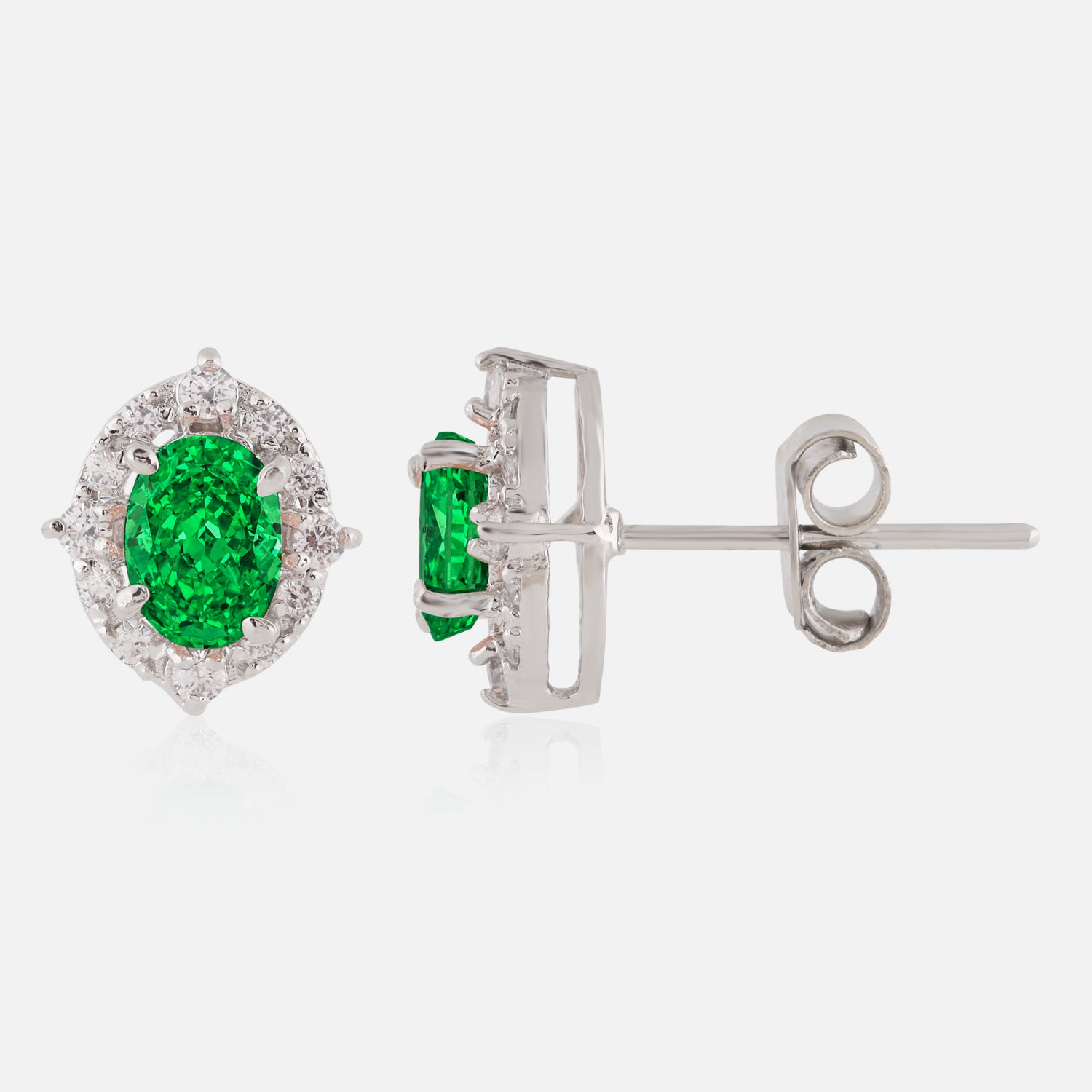 Emerald Radiance Sterling Silver Oval Halo Earrings | SKU : 0022260697, 0022259516, 0003939086